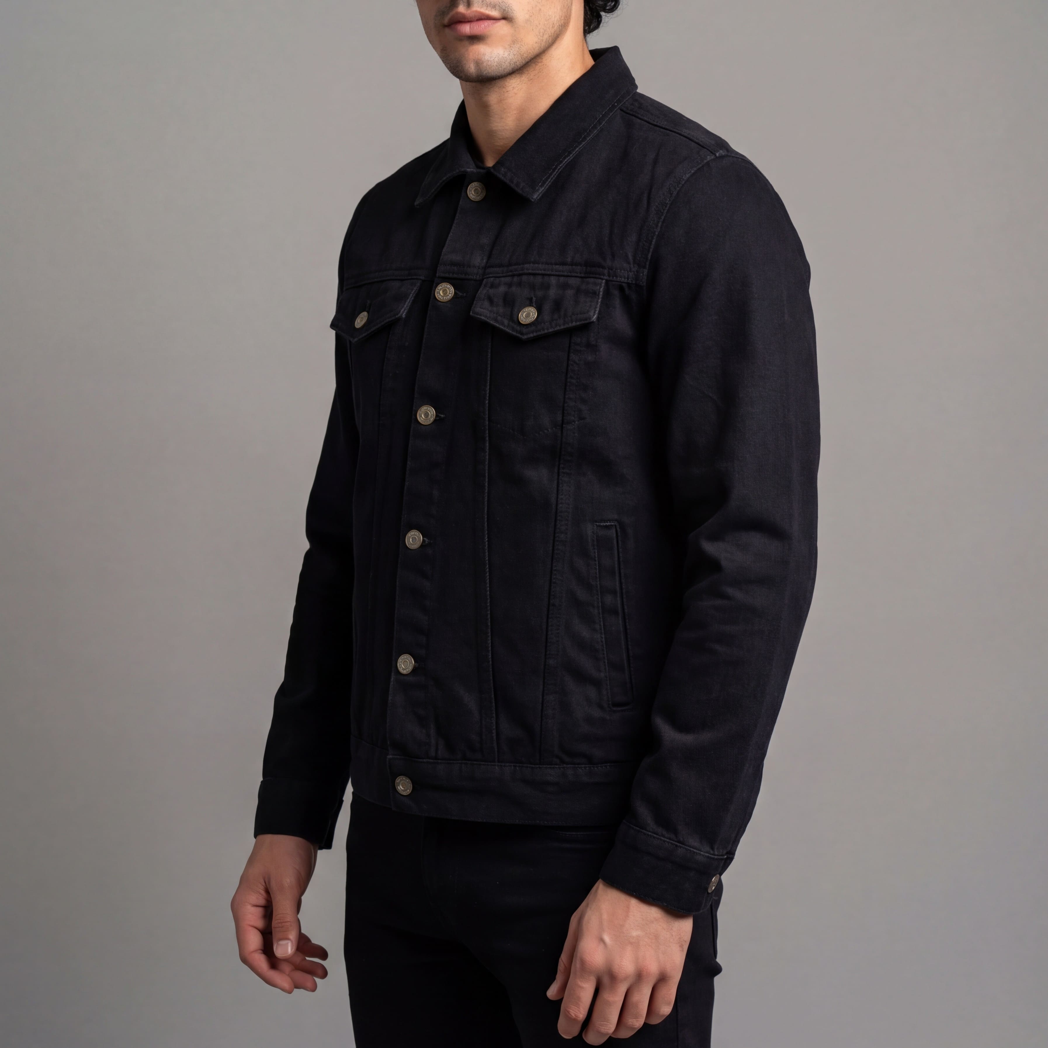 Vance Mens Black Heavy Duty Denim Button Front Motorcycle Jacket, Jean Jacket for Men - Side Pose