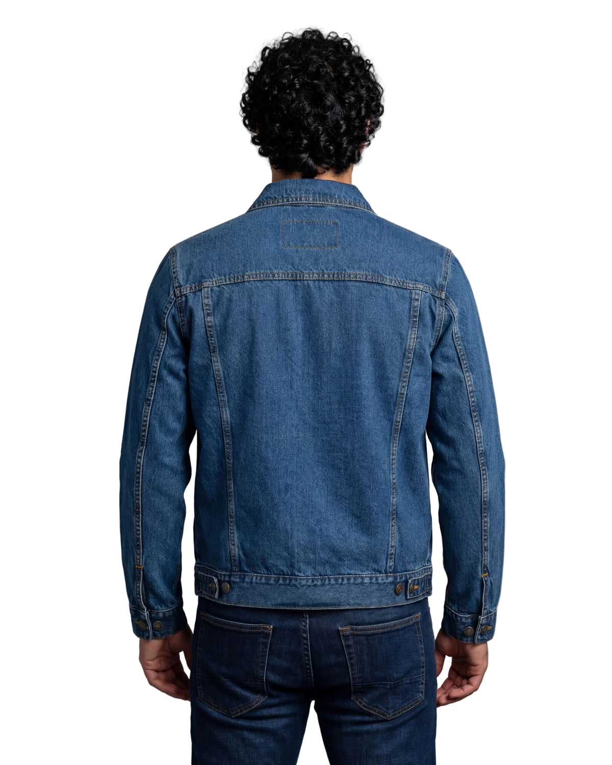Vance Mens Blue Heavy Duty Denim Button Front Motorcycle Jacket, Jean Jacket for Men - Back Pose
