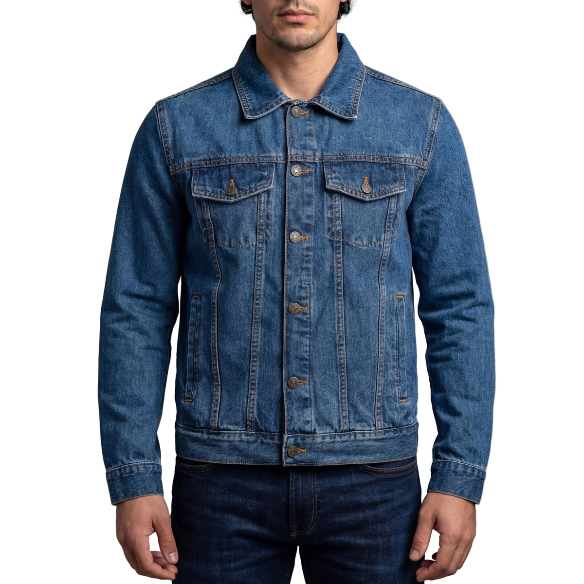 Vance Mens Blue Heavy Duty Denim Button Front Motorcycle Jacket, Jean Jacket for Men - Front Pose