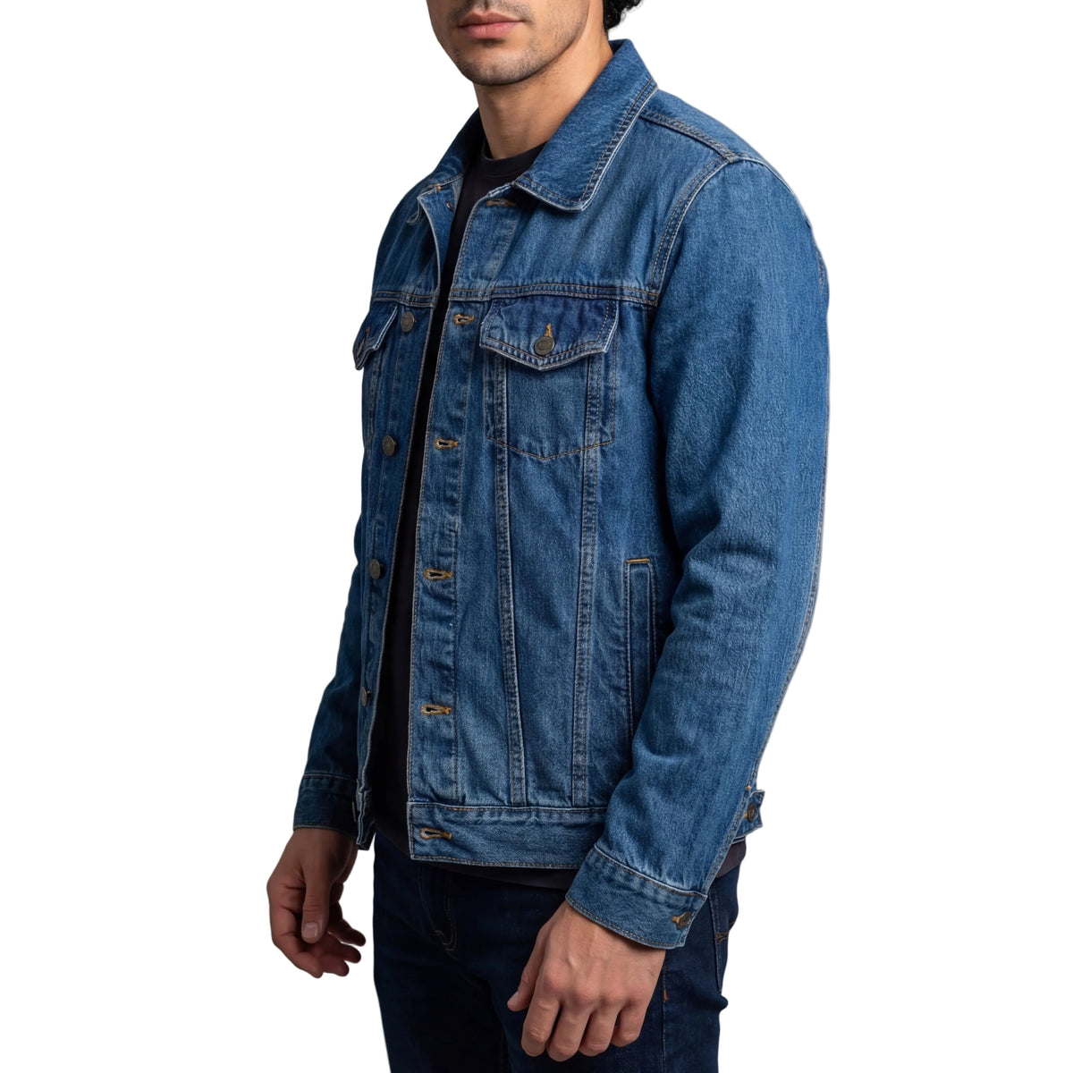 Vance Mens Blue Heavy Duty Denim Button Front Motorcycle Jacket, Jean Jacket for Men - Side Pose