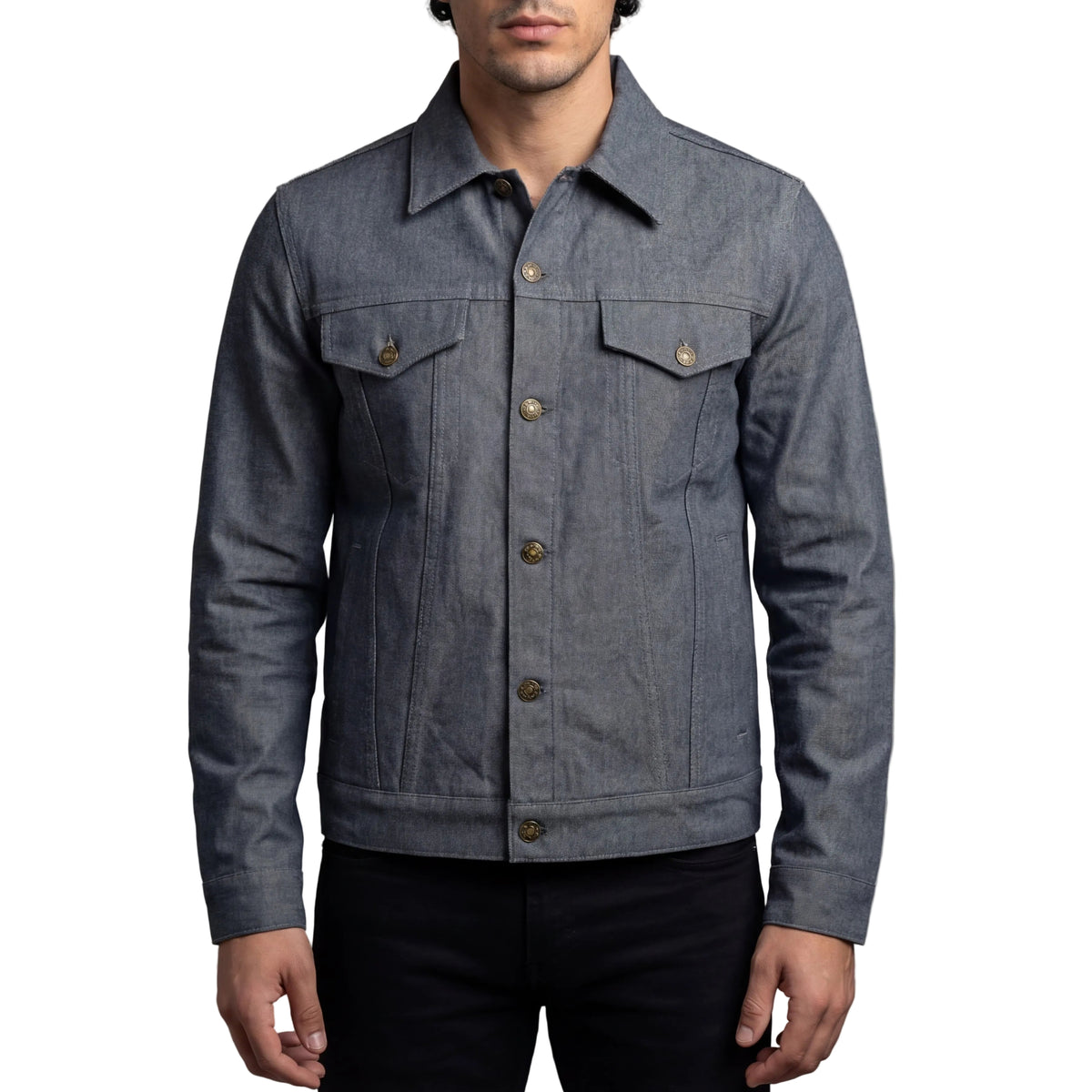 Vance Mens Grey Heavy Duty Denim Button Front Motorcycle Jacket, Jean Jacket for Men - Front Pose