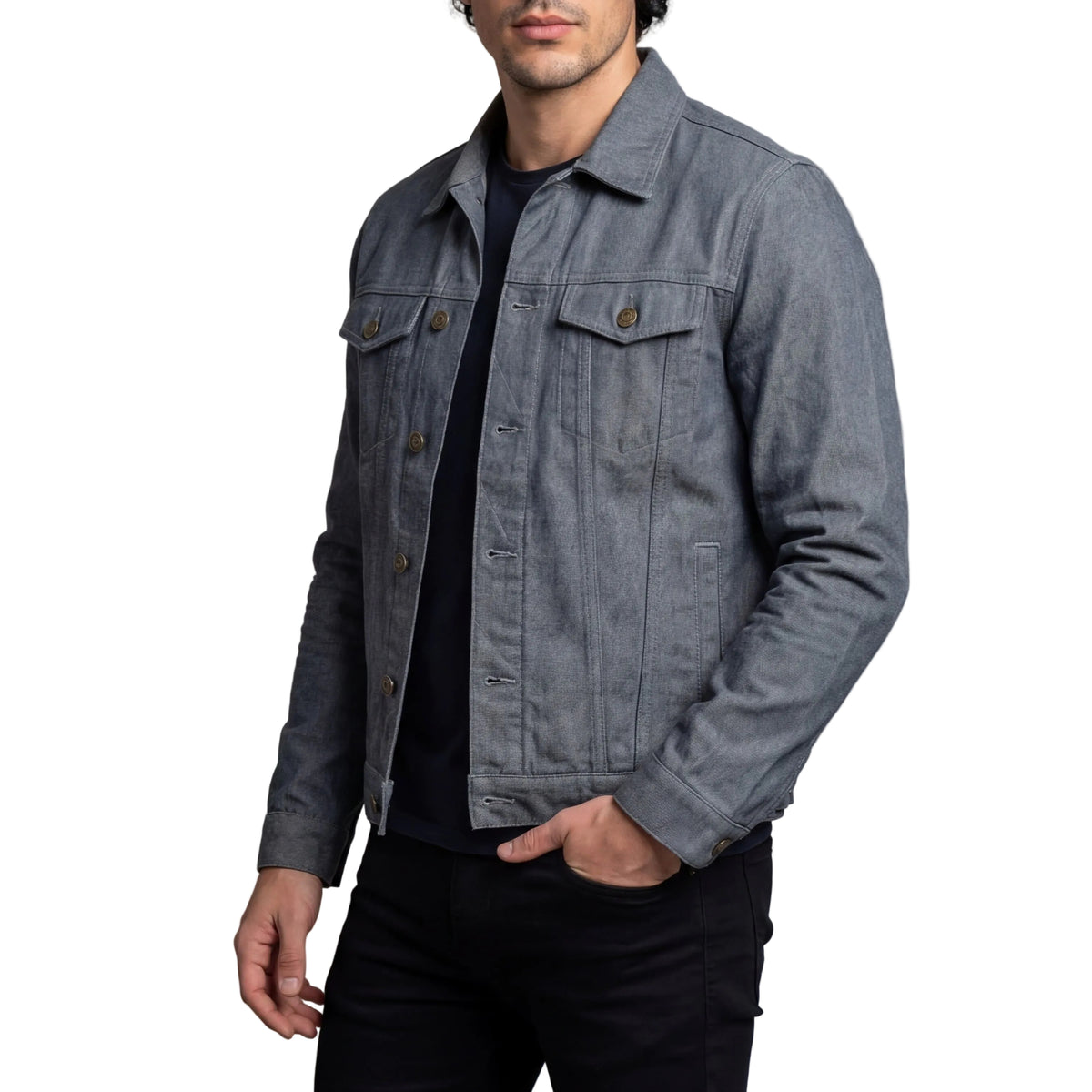 Vance Mens Grey Heavy Duty Denim Button Front Motorcycle Jacket, Jean Jacket for Men - Side Pose