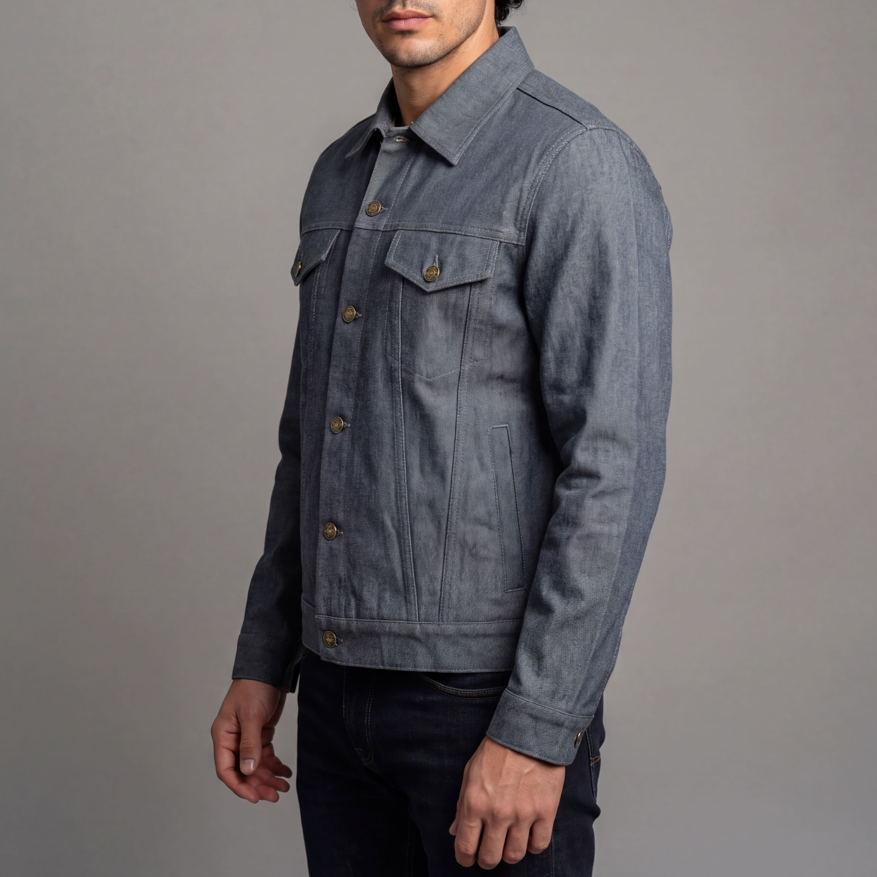 Vance Mens Grey Heavy Duty Denim Button Front Motorcycle Jacket, Jean Jacket for Men - Pose Pose-1