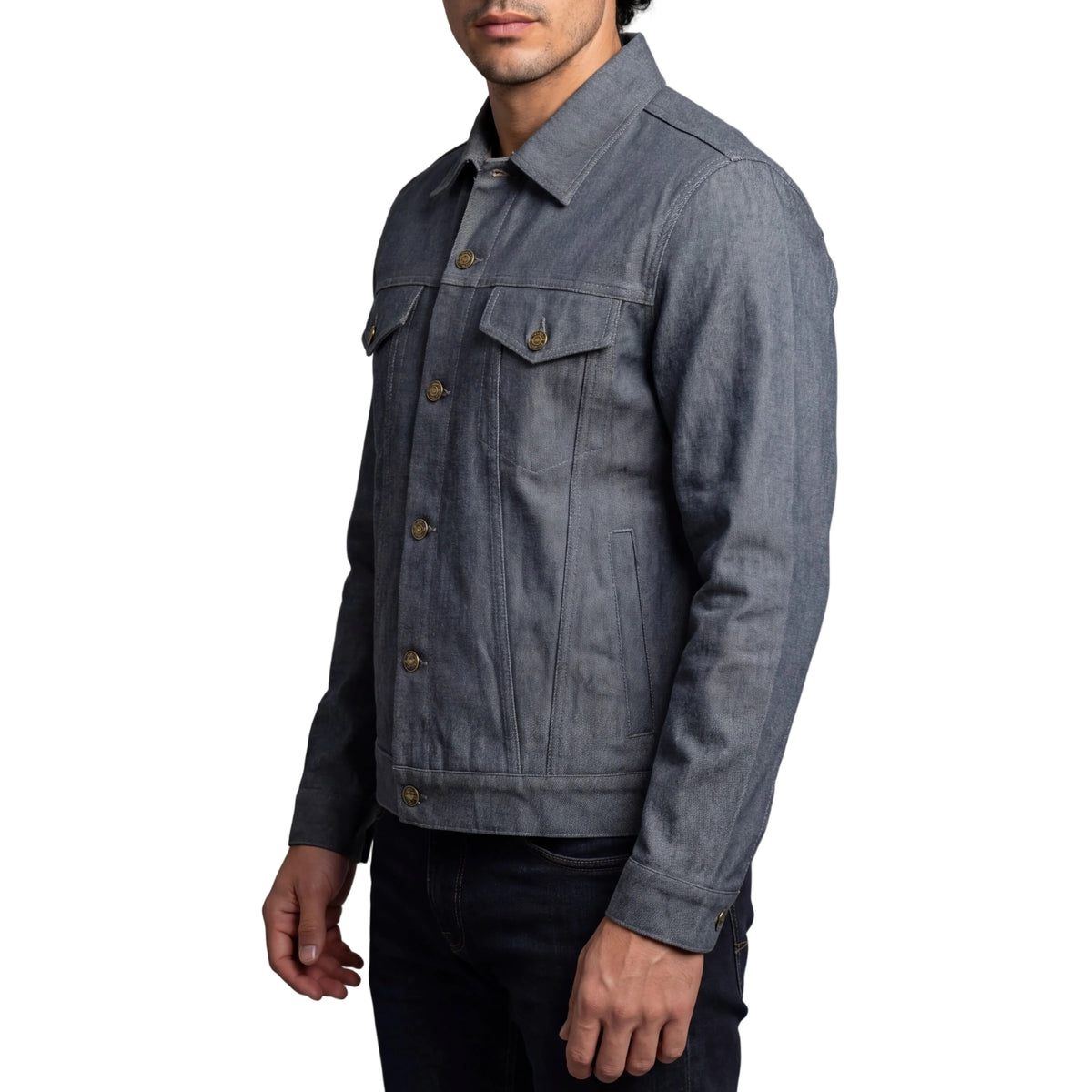Vance Mens Grey Heavy Duty Denim Button Front Motorcycle Jacket, Jean Jacket for Men - Pose Pose-1