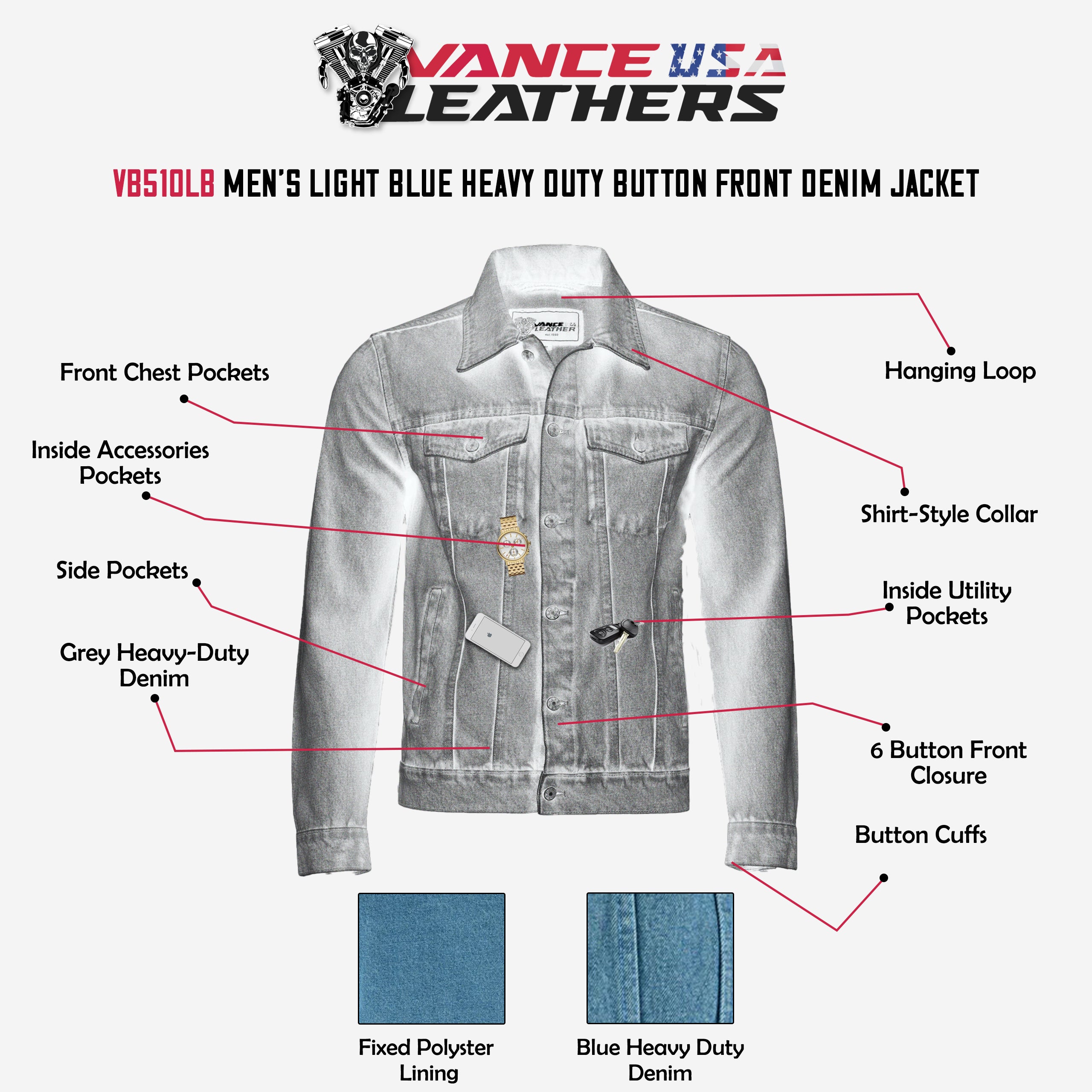 Vance Men's Light Blue Heavy Duty Denim Button Front Motorcycle Jacket, Jean Jacket for Men