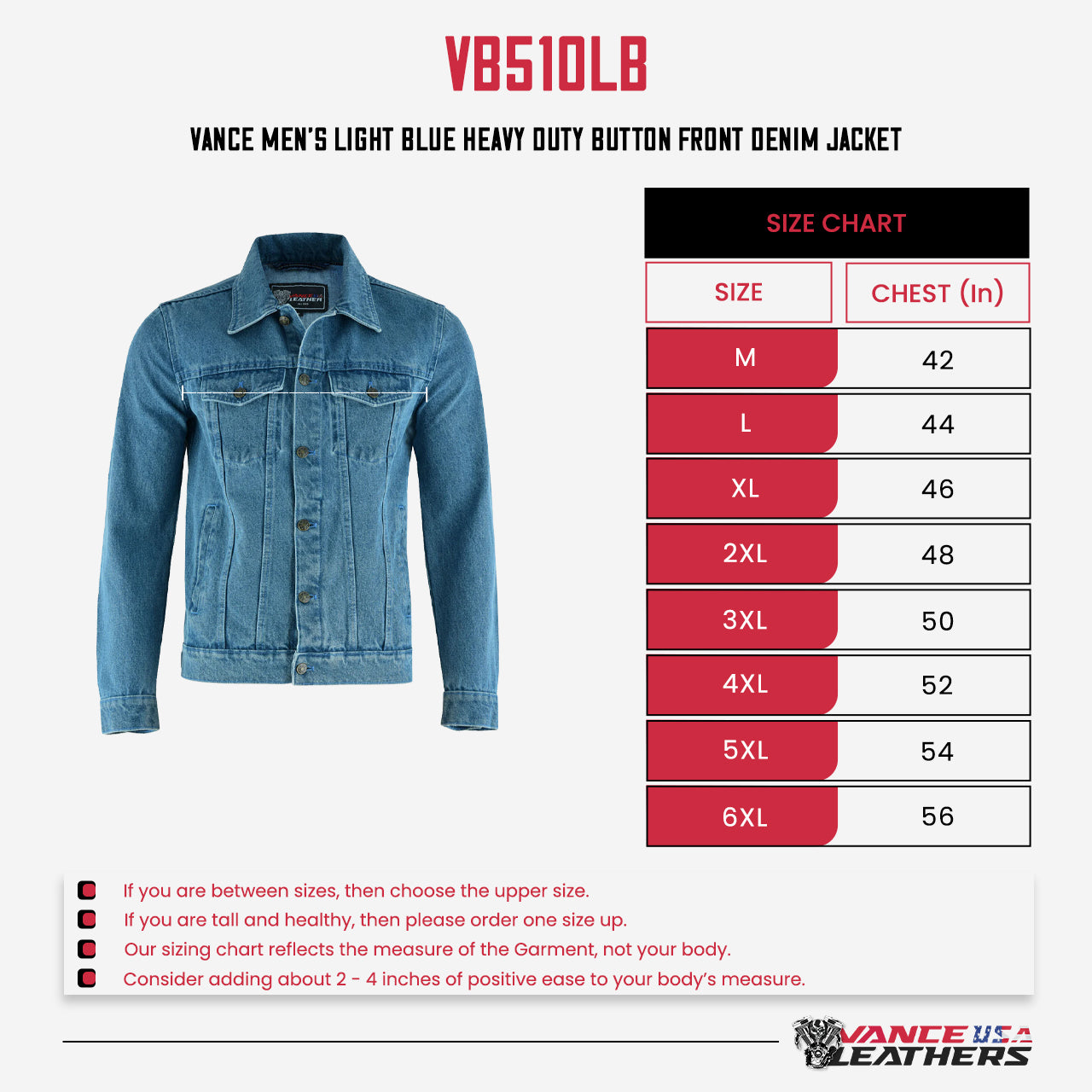 Vance Men's Light Blue Heavy Duty Denim Button Front Motorcycle Jacket, Jean Jacket for Men