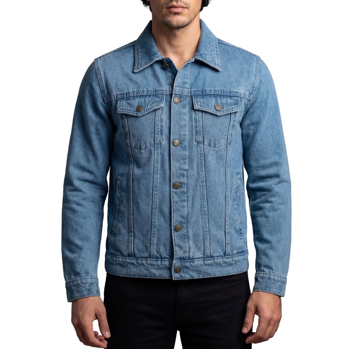 Vance Men's Light Blue Heavy Duty Denim Button Front Motorcycle Jacket, Jean Jacket for Men - Front Pose
