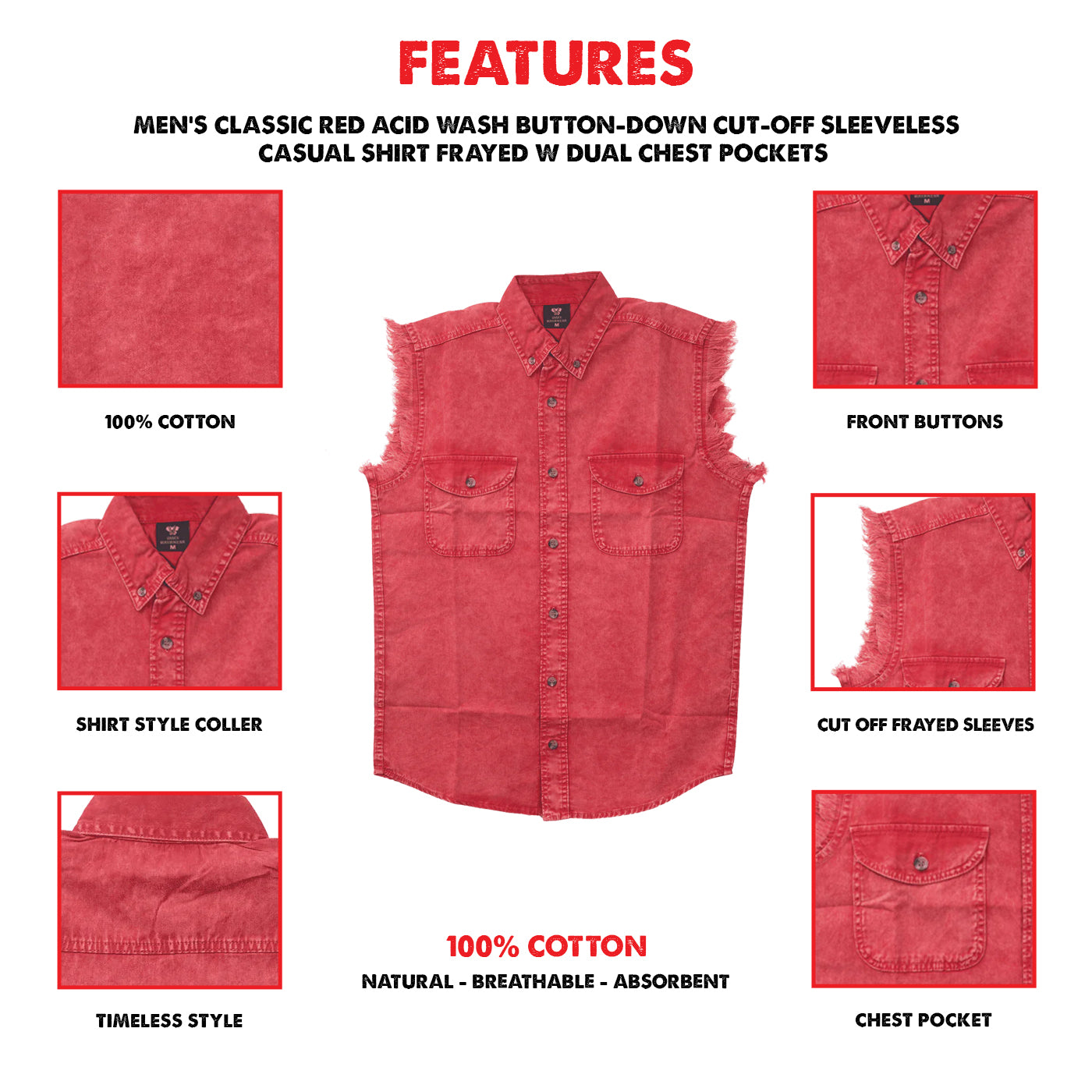 Vance Men's Biker Motorcycle Red Acid Wash Cut Off Sleeveless Shirt