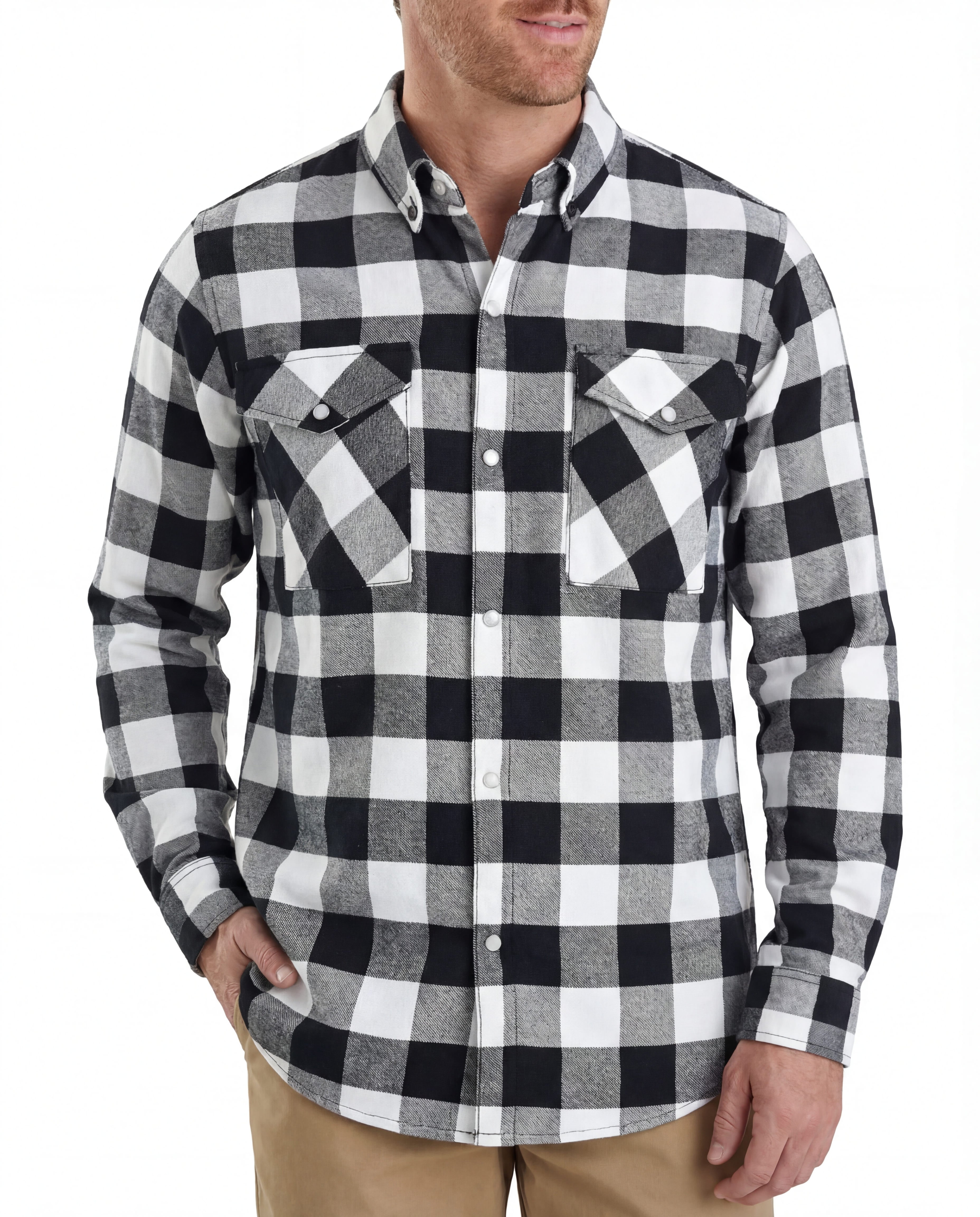 Vance White & Black Men's Long Sleeve Plaid Snap Down Casual Flannel Shirt - Pic