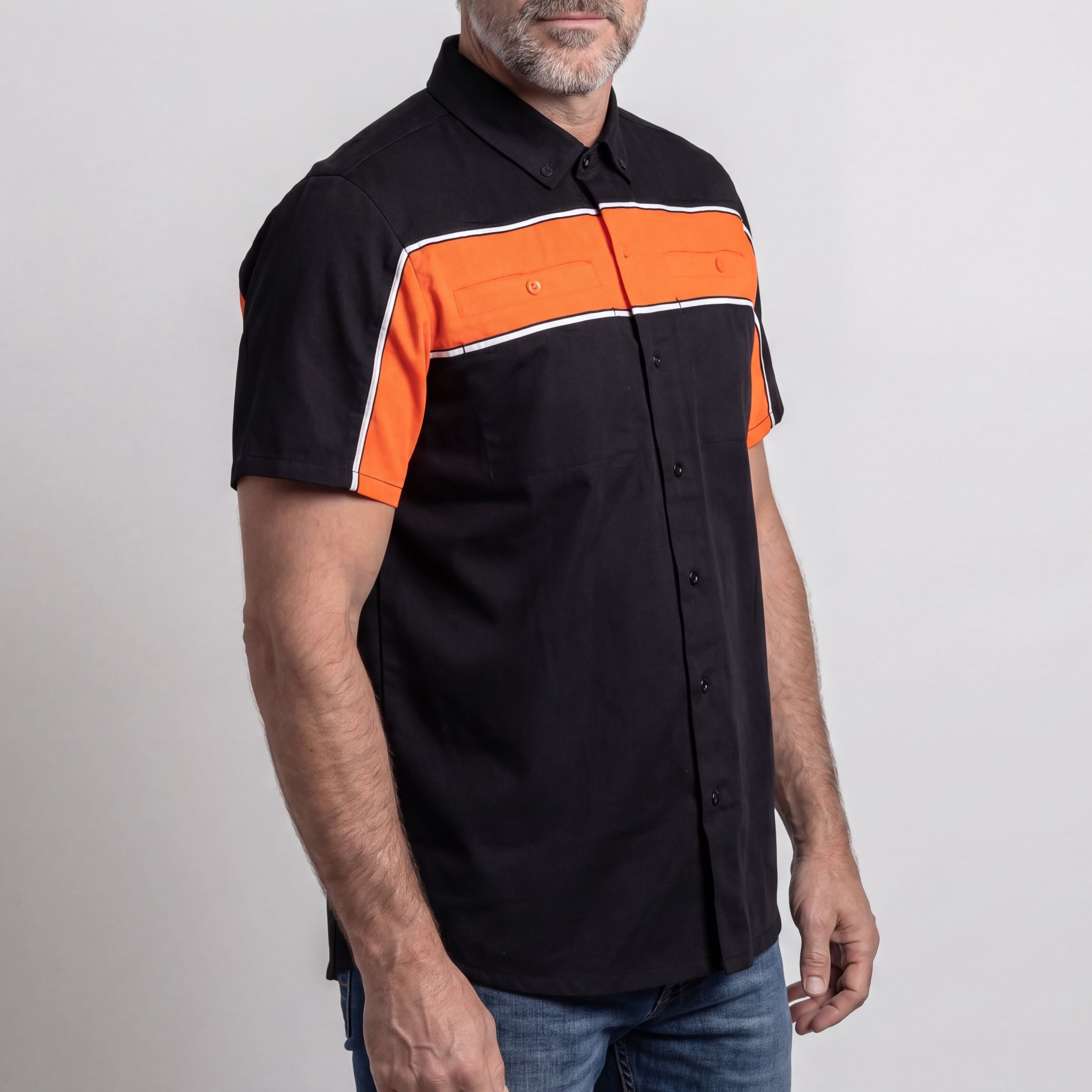 Vance Leather Men's Black Orange Short Sleeve Button Down Two Pockets Soft Casual Shirt - side pose