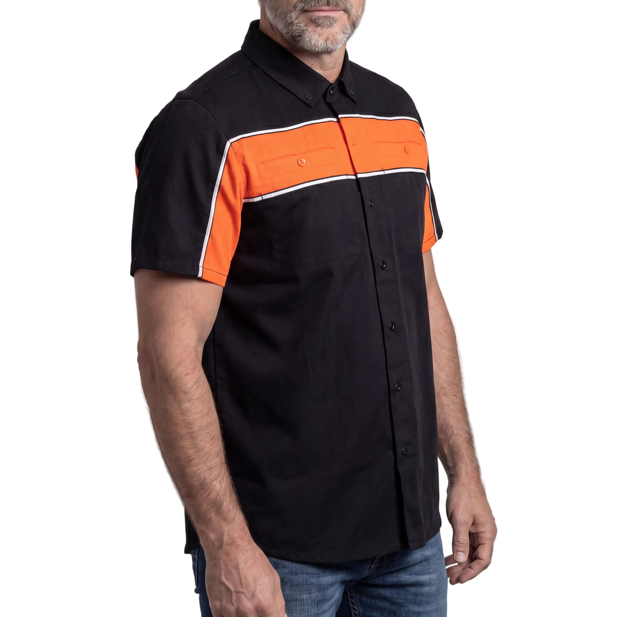 Vance Leather Men's Black Orange Short Sleeve Button Down Two Pockets Soft Casual Shirt - side pose