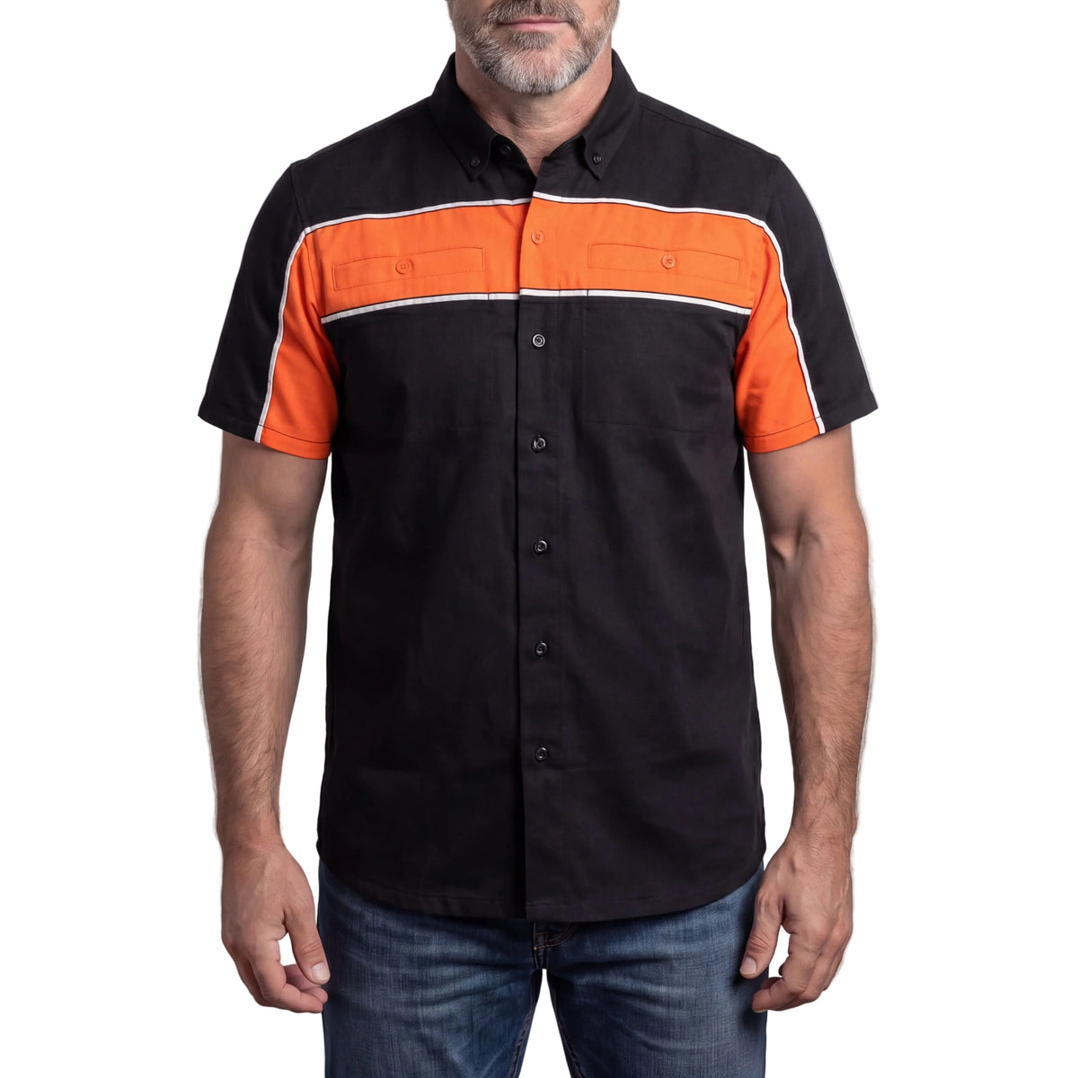 Vance Leather Men's Black Orange Short Sleeve Button Down Two Pockets Soft Casual Shirt - front pose