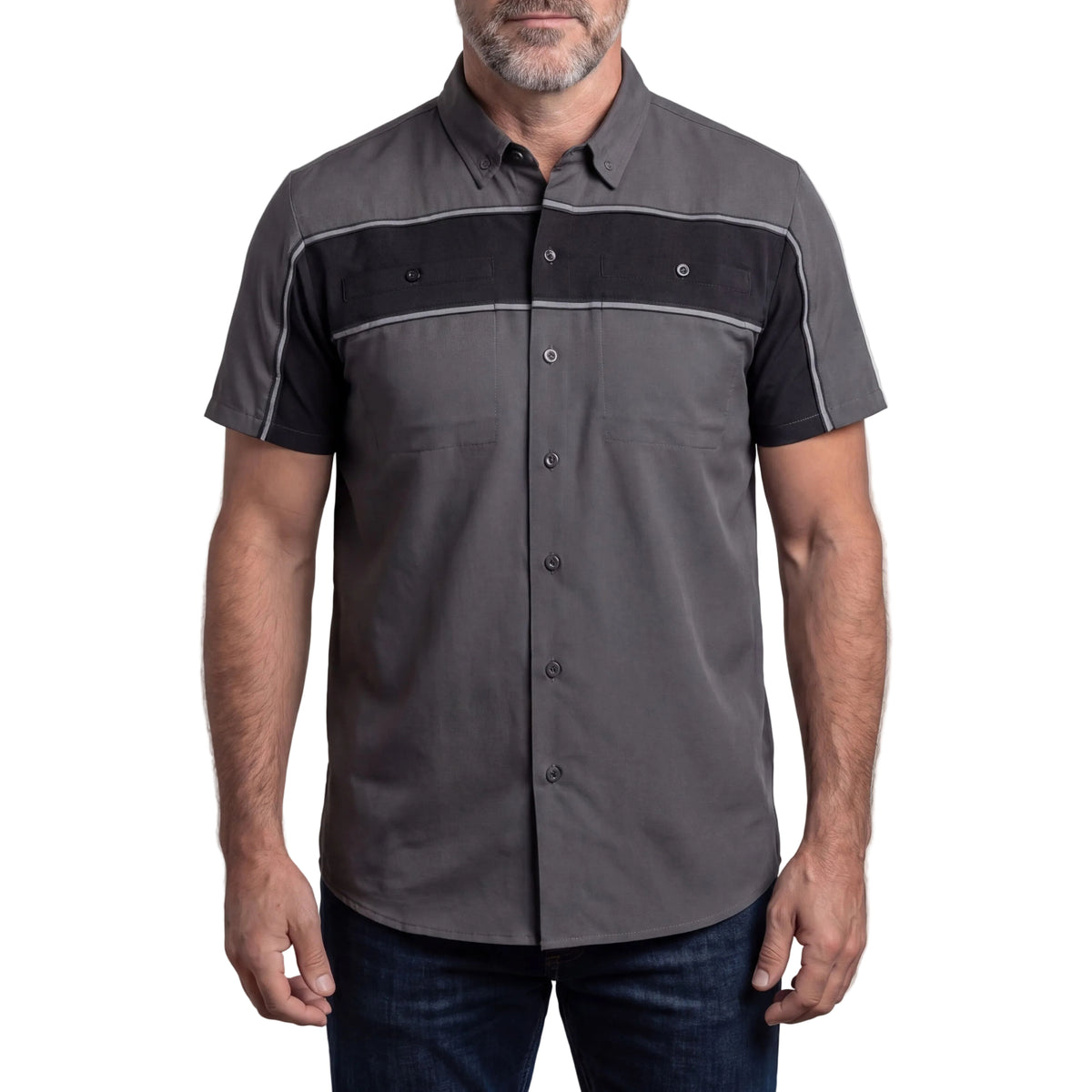 Vance Leather Men's Grey Black Short Sleeve Button Down Two Pockets Soft Casual Shirt - front pose