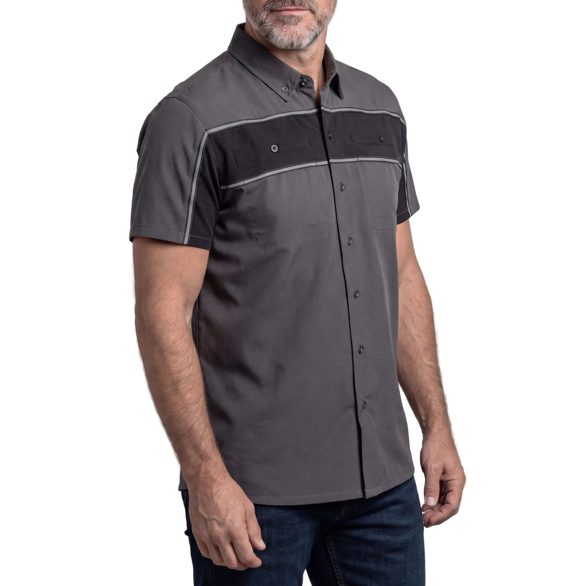 Vance Leather Men's Grey Black Short Sleeve Button Down Two Pockets Soft Casual Shirt - side pose