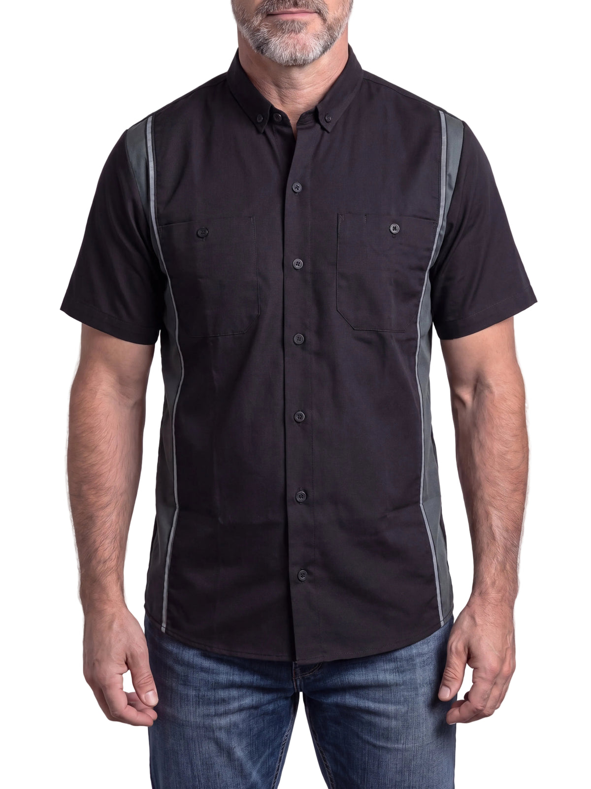 Vance Men's Black Button Up Mechanic Work Shirt w/ Grey Sides & Reflective Strip