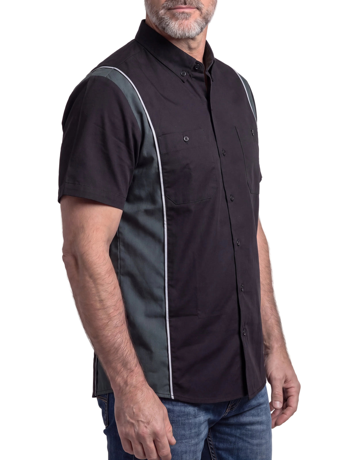 Vance Men's Black Button Up Mechanic Work Shirt w/ Grey Sides & Reflective Strip