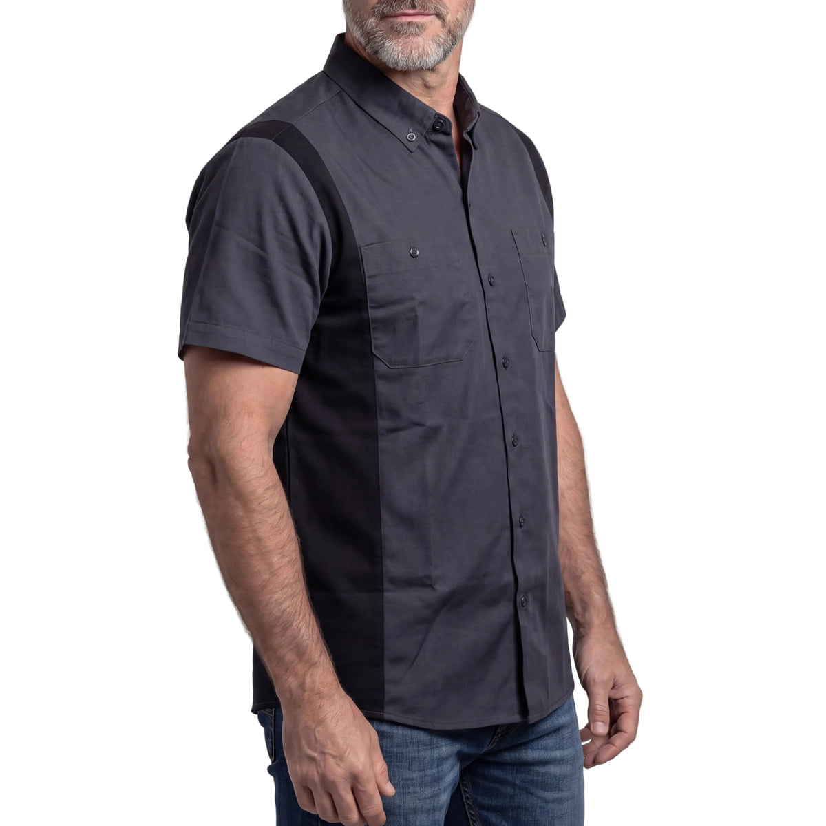 Vance - Men's Work Shirts Grey with Black Sides - side pose