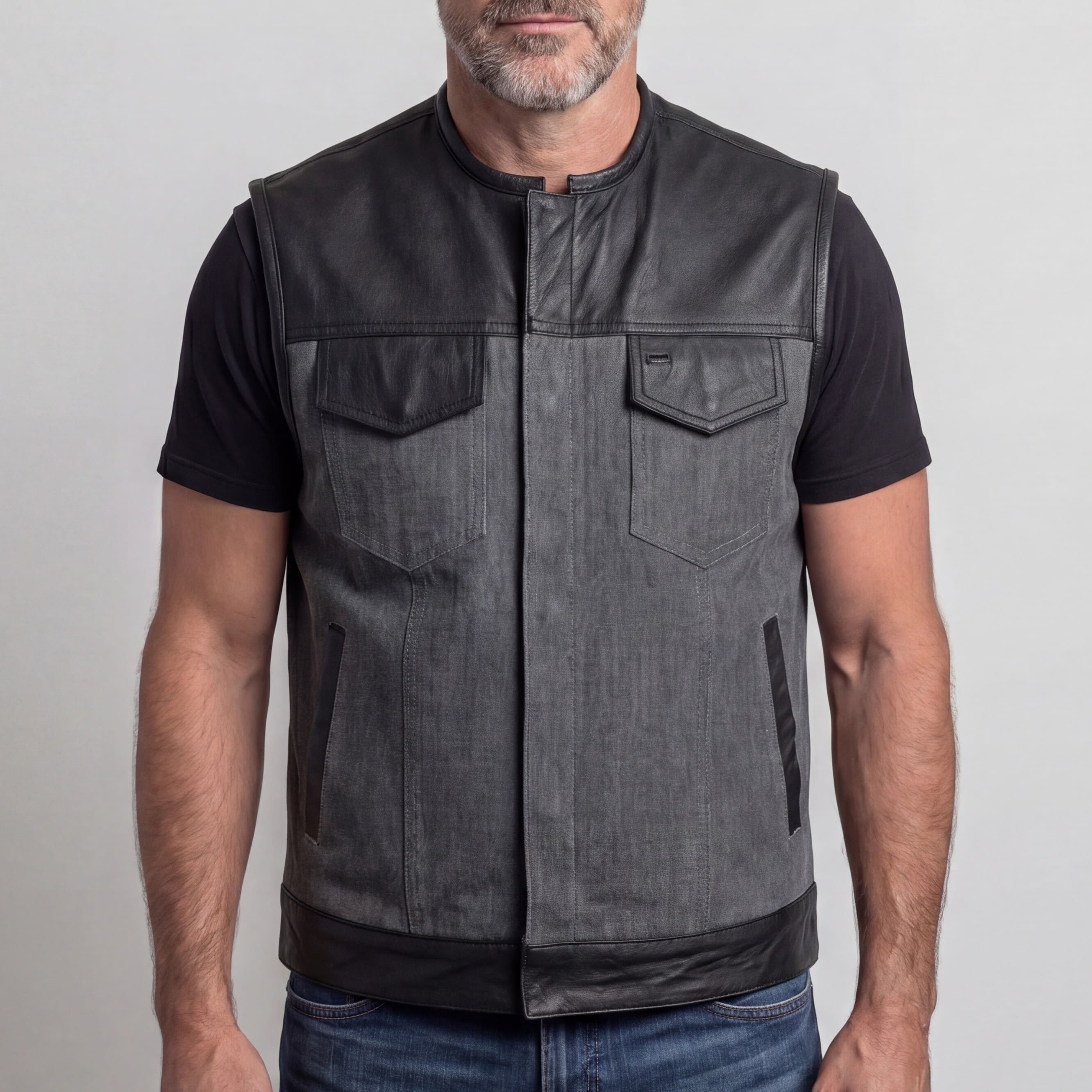Vance Leathers Men's Grey Denim & Leather Motorcycle Vest with CCW Pockets - front pose