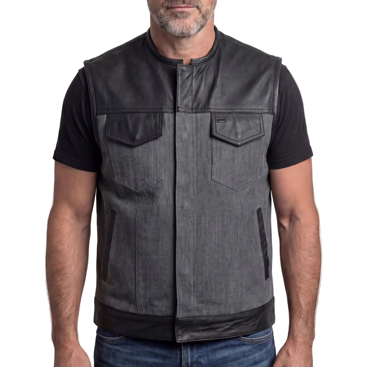 Vance Leathers Men's Grey Denim & Leather Motorcycle Vest with CCW Pockets - front pose