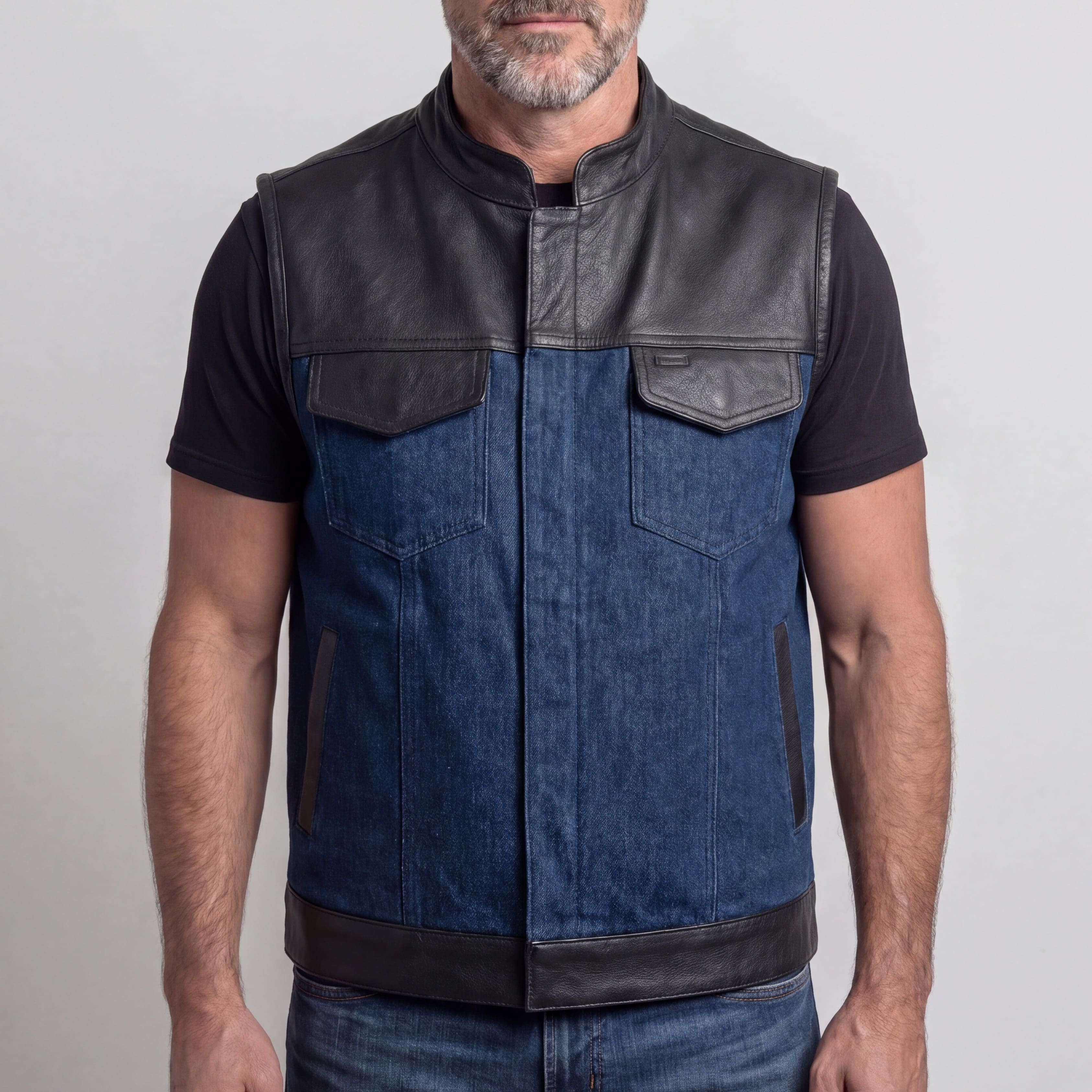 Mens Blue Motorcycle Denim Vest SOA Club Vest with Leather trims - front pose