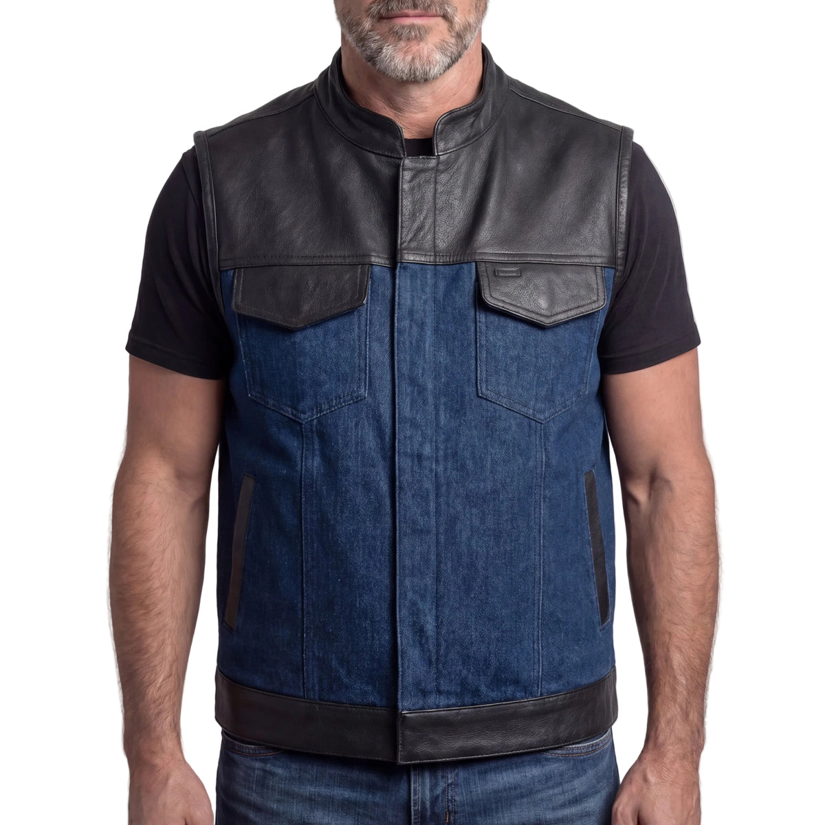 Mens Blue Motorcycle Denim Vest SOA Club Vest with Leather trims - front pose