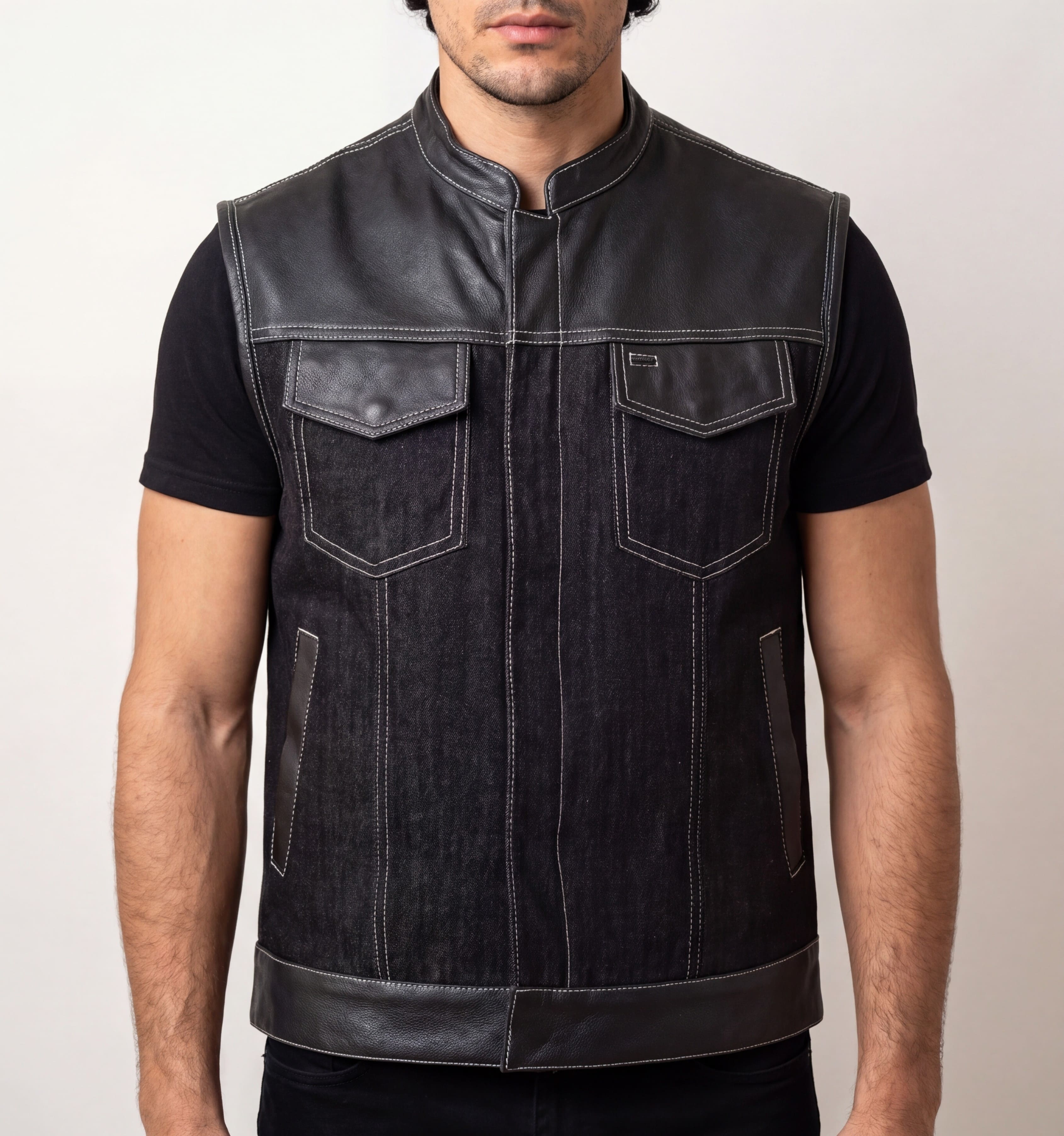 Men's Black Denim & Leather white Stitching Motorcycle Vest with Dual Conceal Carry Pockets - front pose