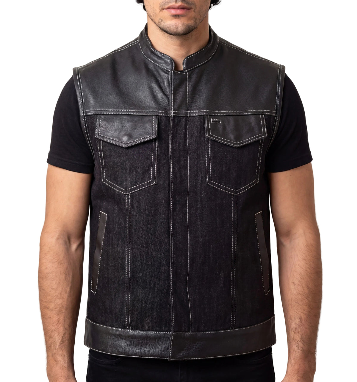Men's Black Denim & Leather white Stitching Motorcycle Vest with Dual Conceal Carry Pockets - front pose