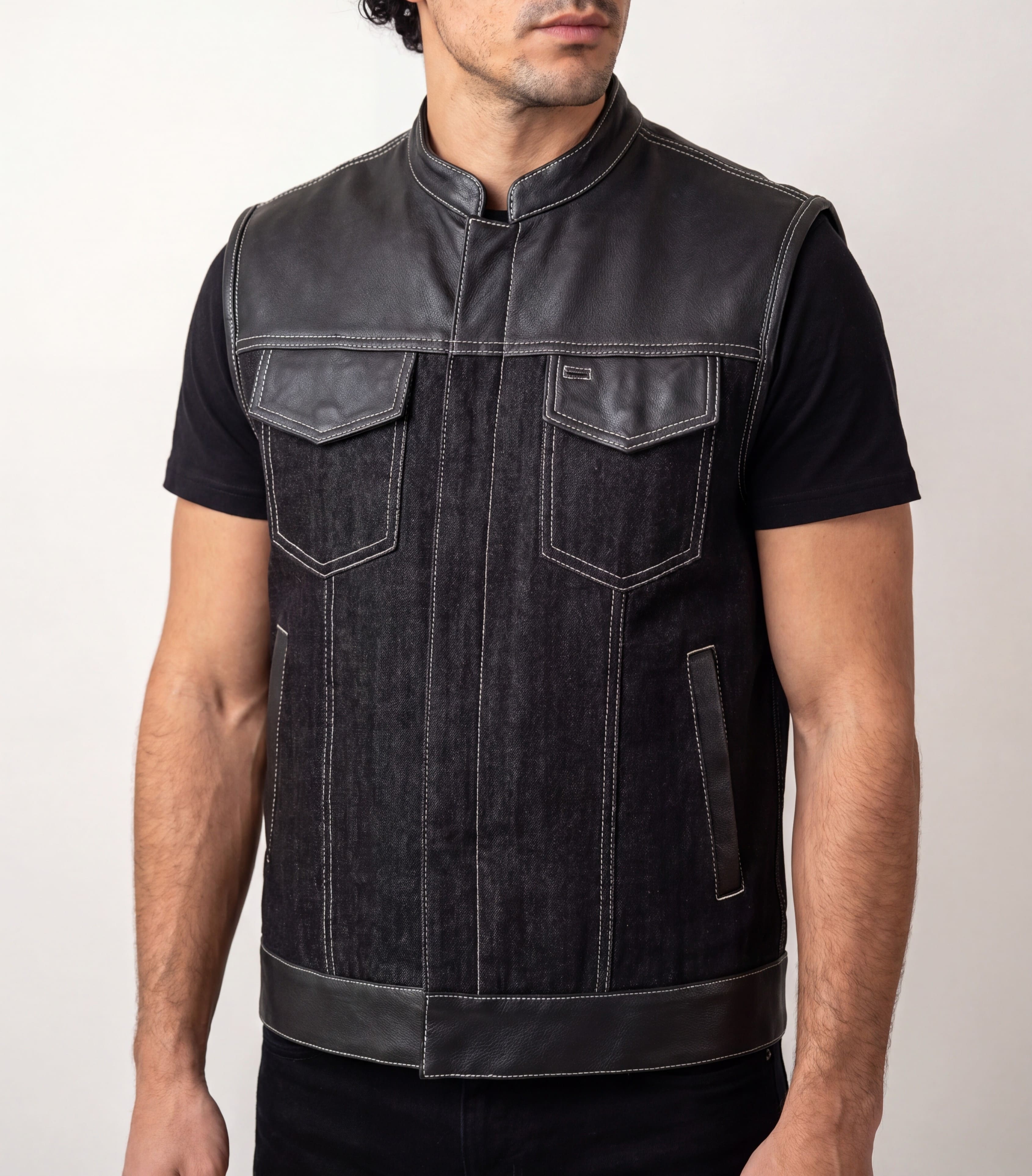 Men's Black Denim & Leather white Stitching Motorcycle Vest with Dual Conceal Carry Pockets - side pose