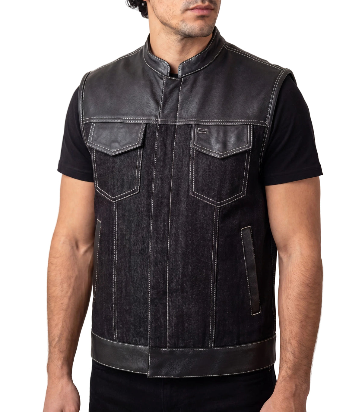 Men's Black Denim & Leather white Stitching Motorcycle Vest with Dual Conceal Carry Pockets - side pose