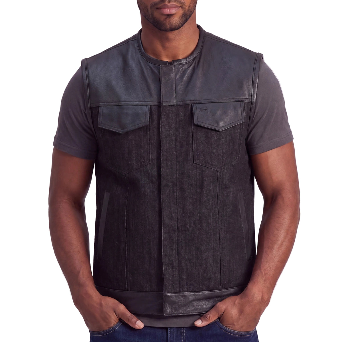 Mens Denim & Leather Motorcycle Vest with Dual CCW, SOA Biker Club Vest, Snap & Zipper Closure - front pose
