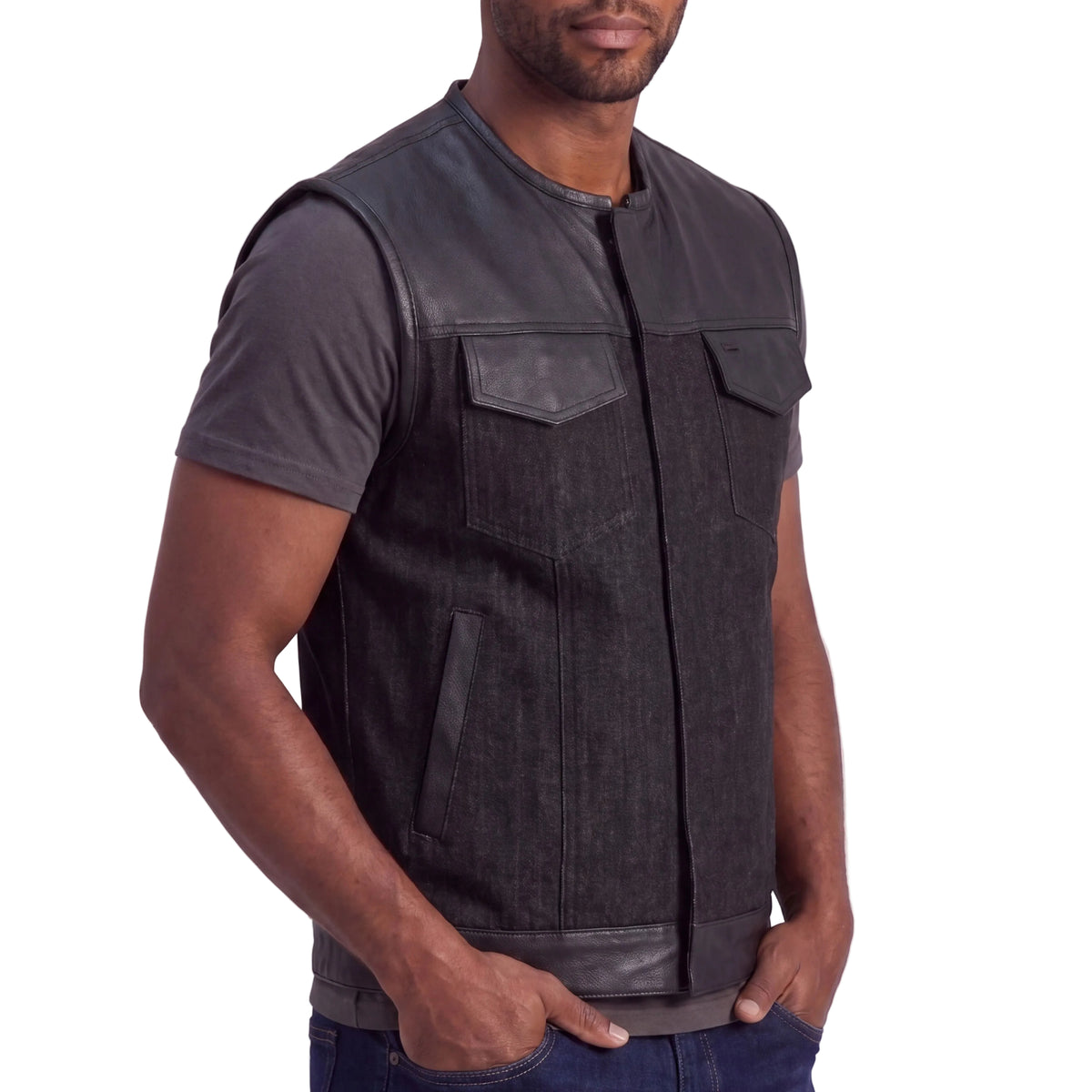 Mens Denim & Leather Motorcycle Vest with Dual CCW, SOA Biker Club Vest, Snap & Zipper Closure - side pose