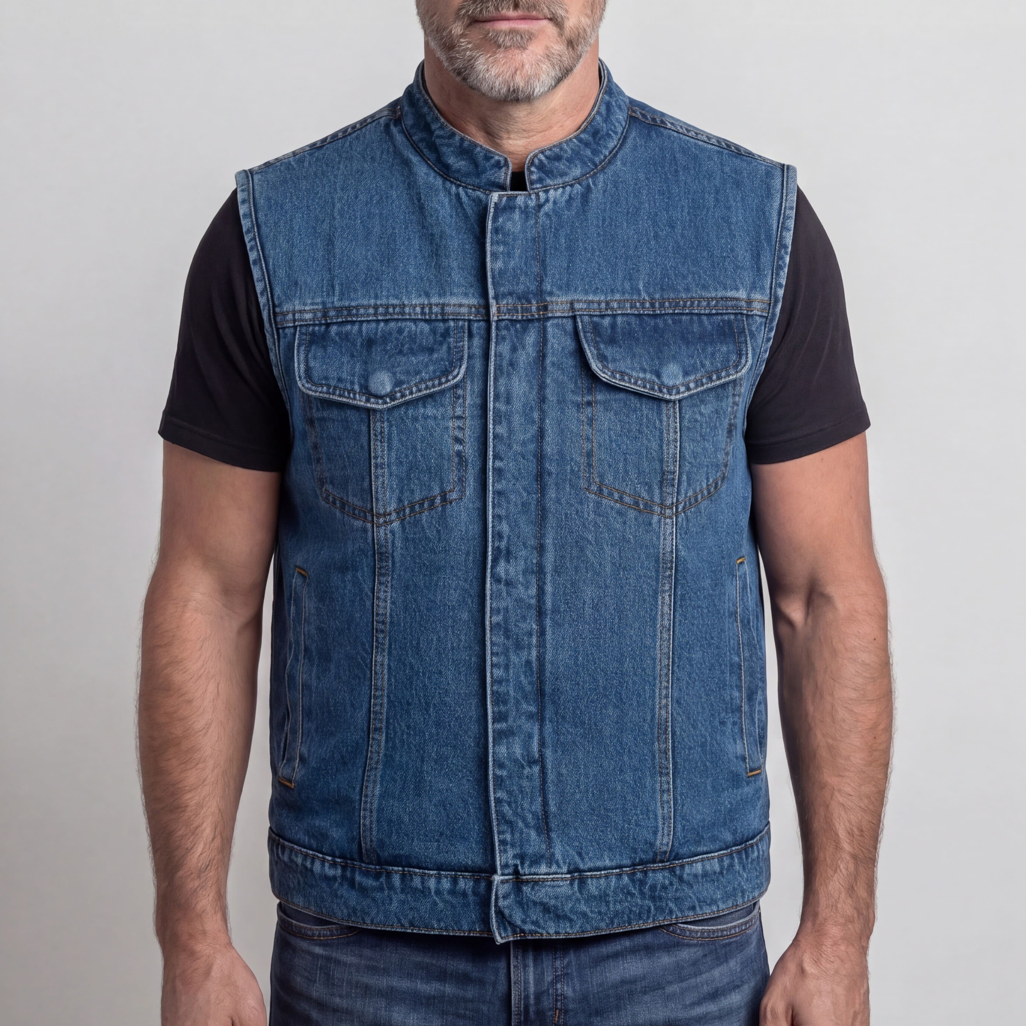 Mens Sky Blue Denim Club Vest w/ Concealed Carry - front pose