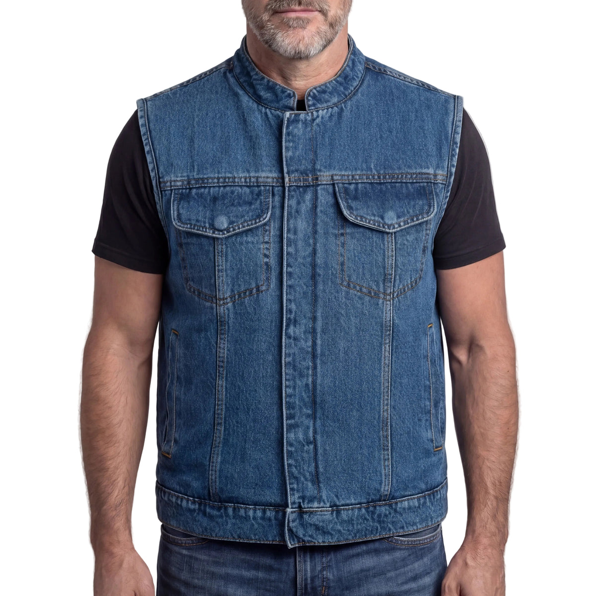 Mens Sky Blue Denim Club Vest w/ Concealed Carry - front pose