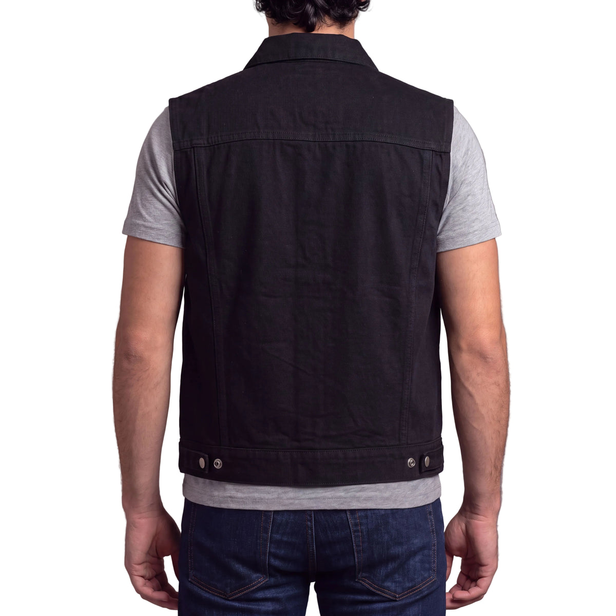 Vance Mens Black Jean Style Denim Motorcycle Vest - back pose