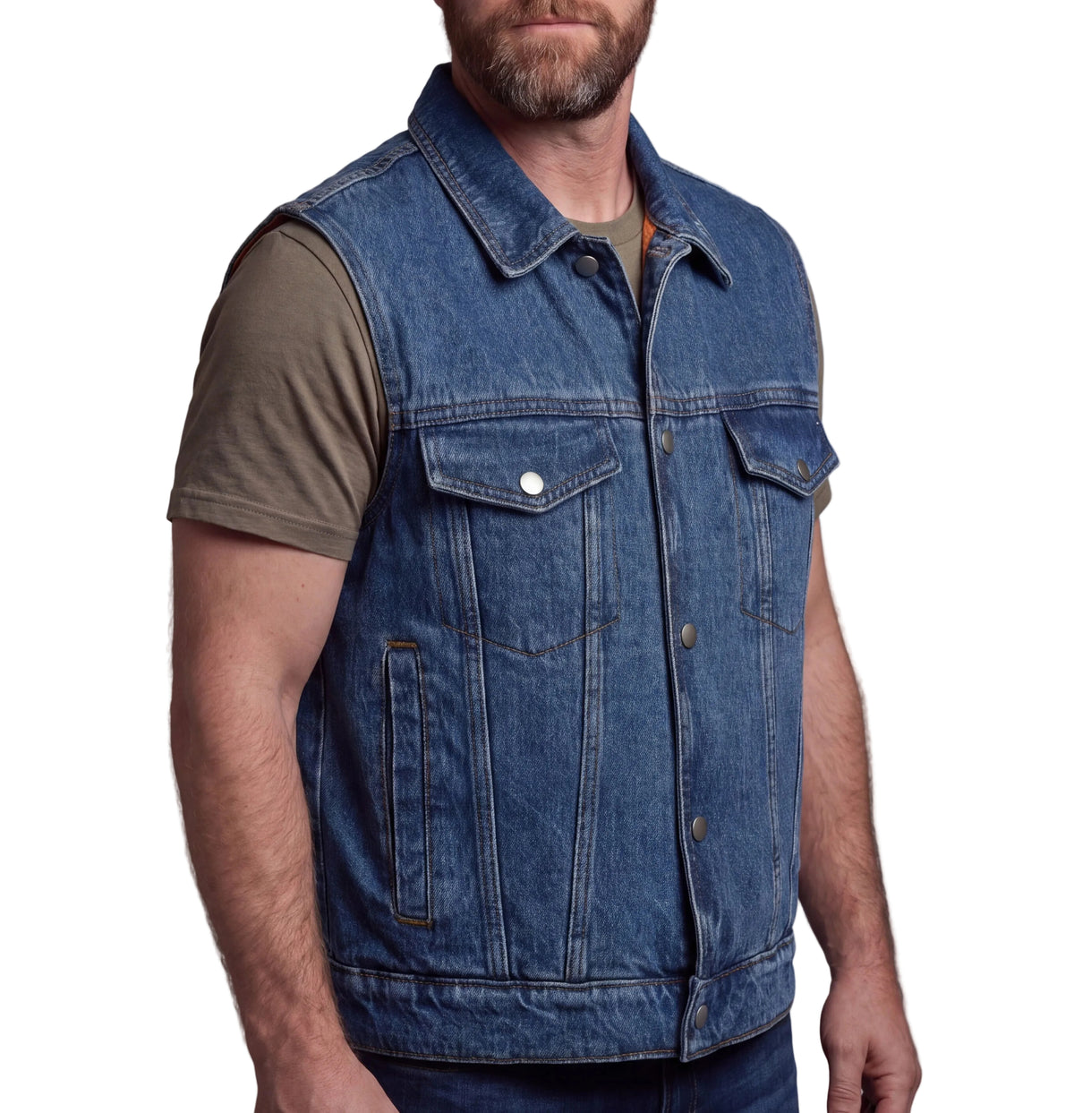 Vance Mens Blue Jean Style Denim Motorcycle Vest - side pose
