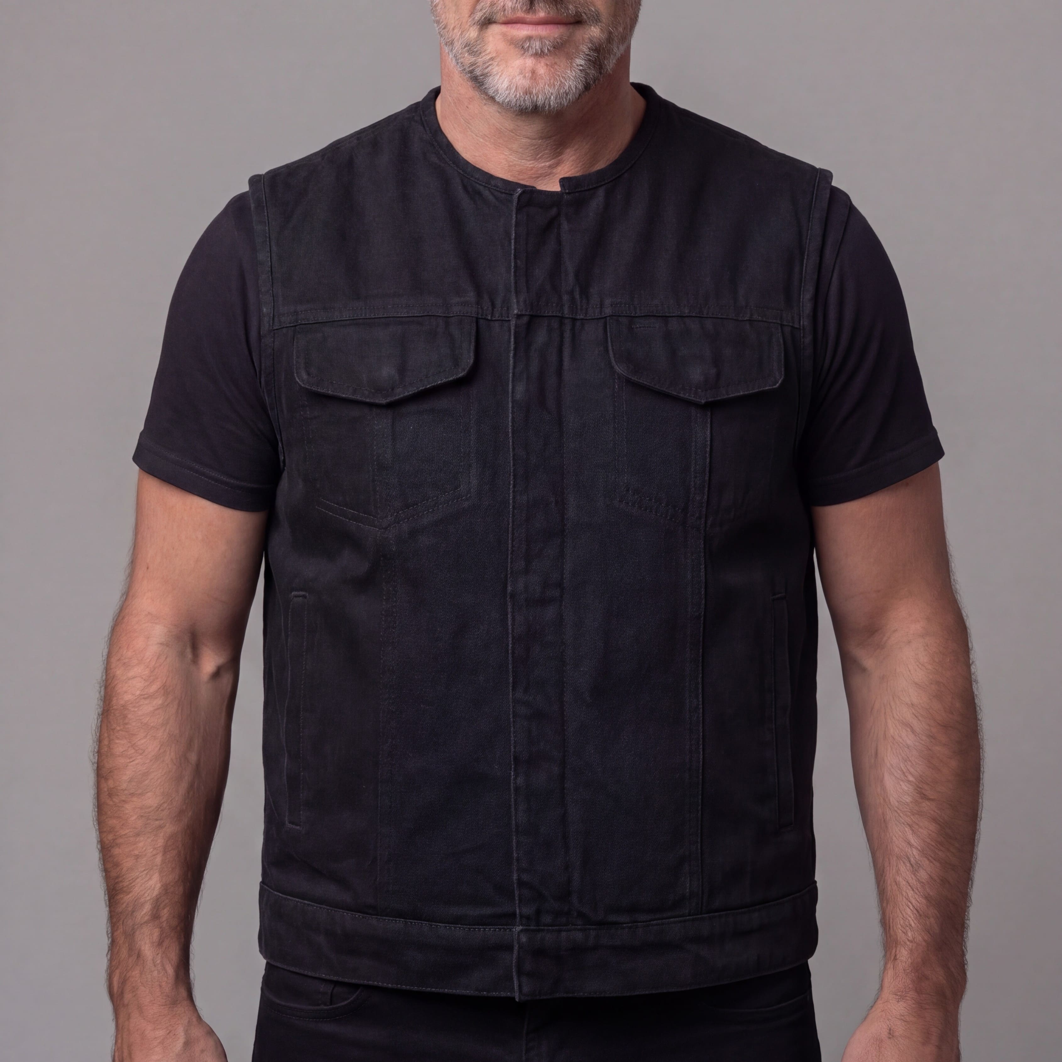 Men's Black Denim Collarless Club Vest with Conceal Carry Pockets - front pose