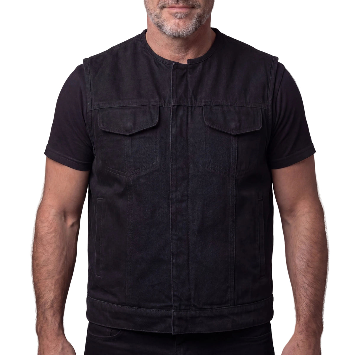 Men's Black Denim Collarless Club Vest with Conceal Carry Pockets - front pose