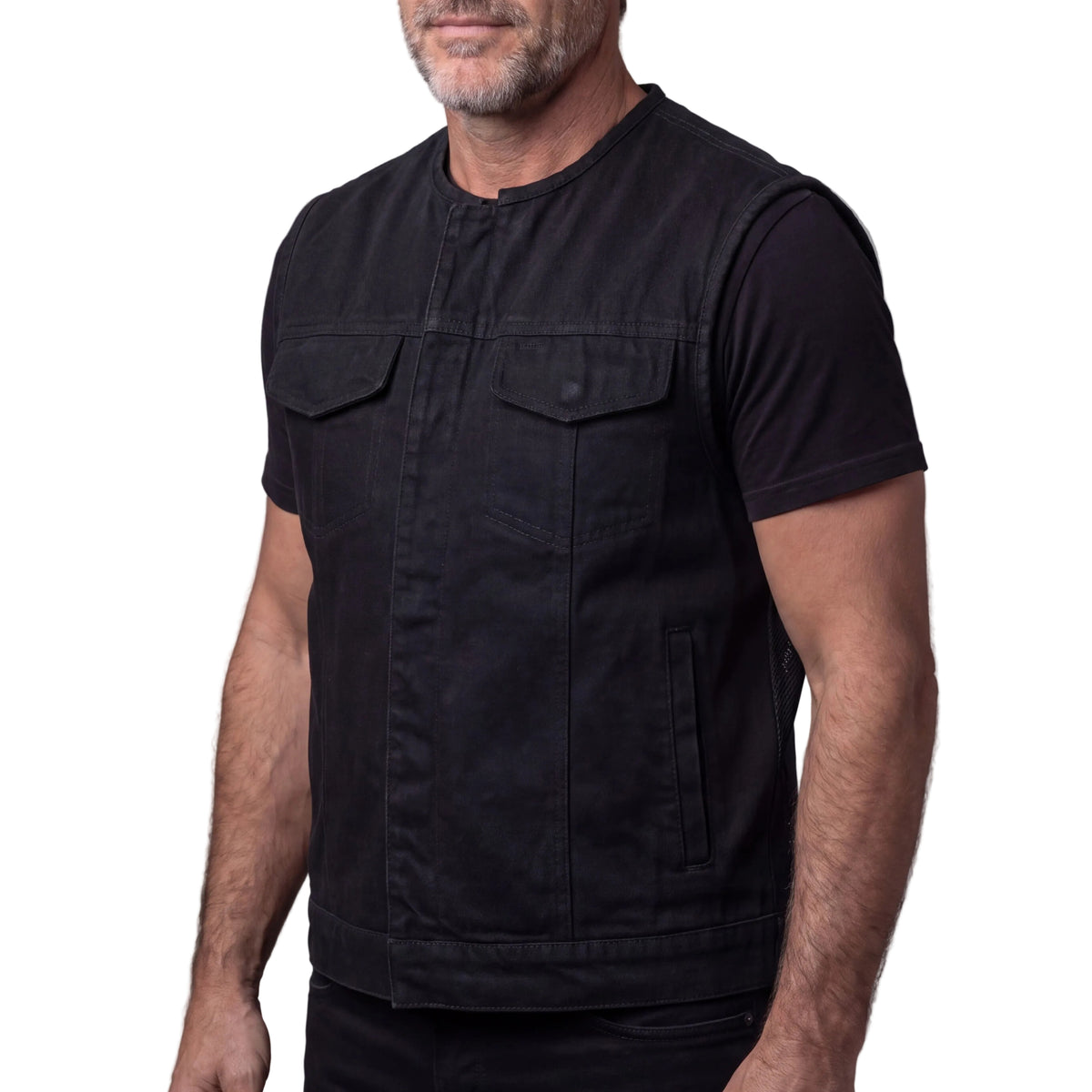 Men's Black Denim Collarless Club Vest with Conceal Carry Pockets - side pose