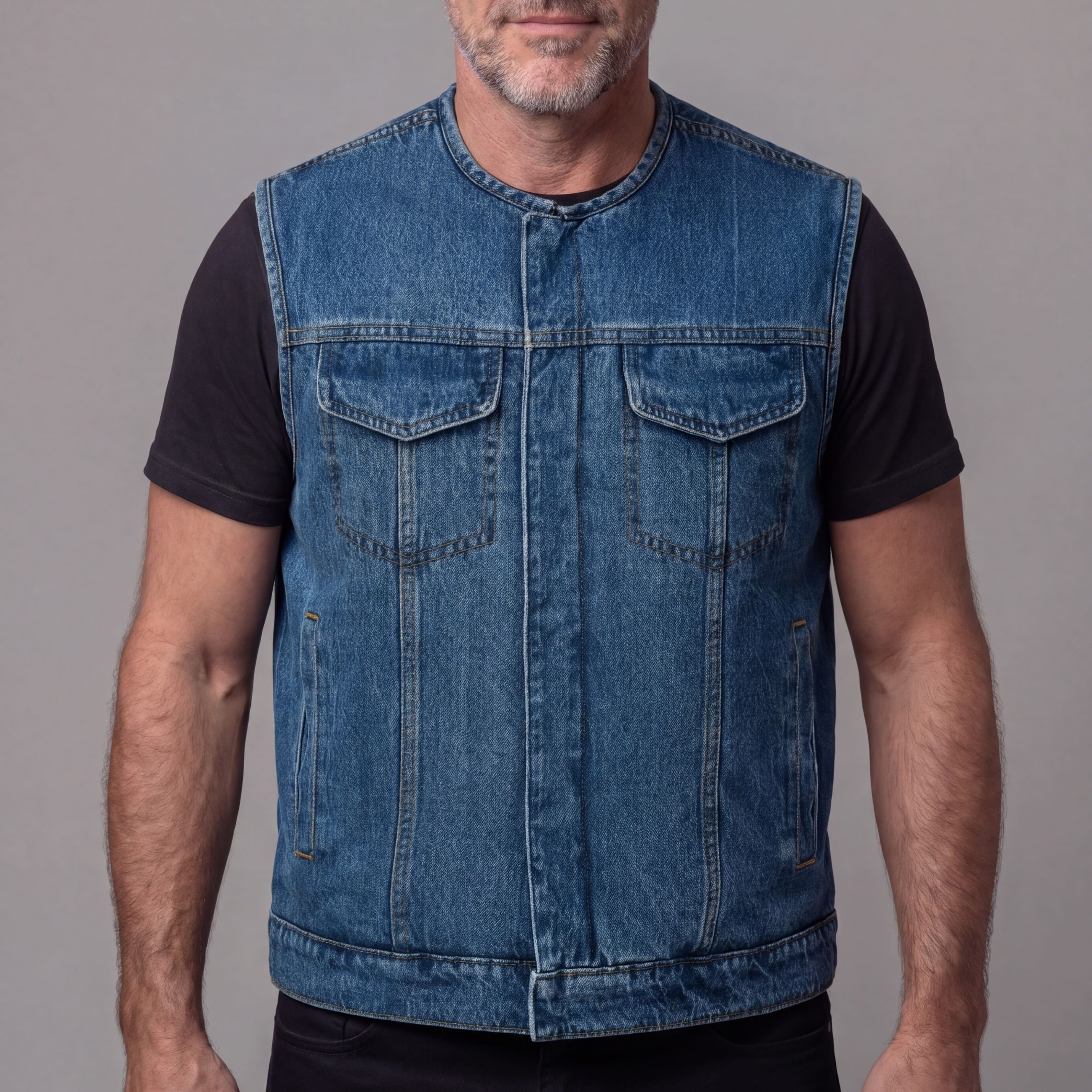 Men's Blue Denim Collarless Club Vest with Conceal Carry Pockets - front pose