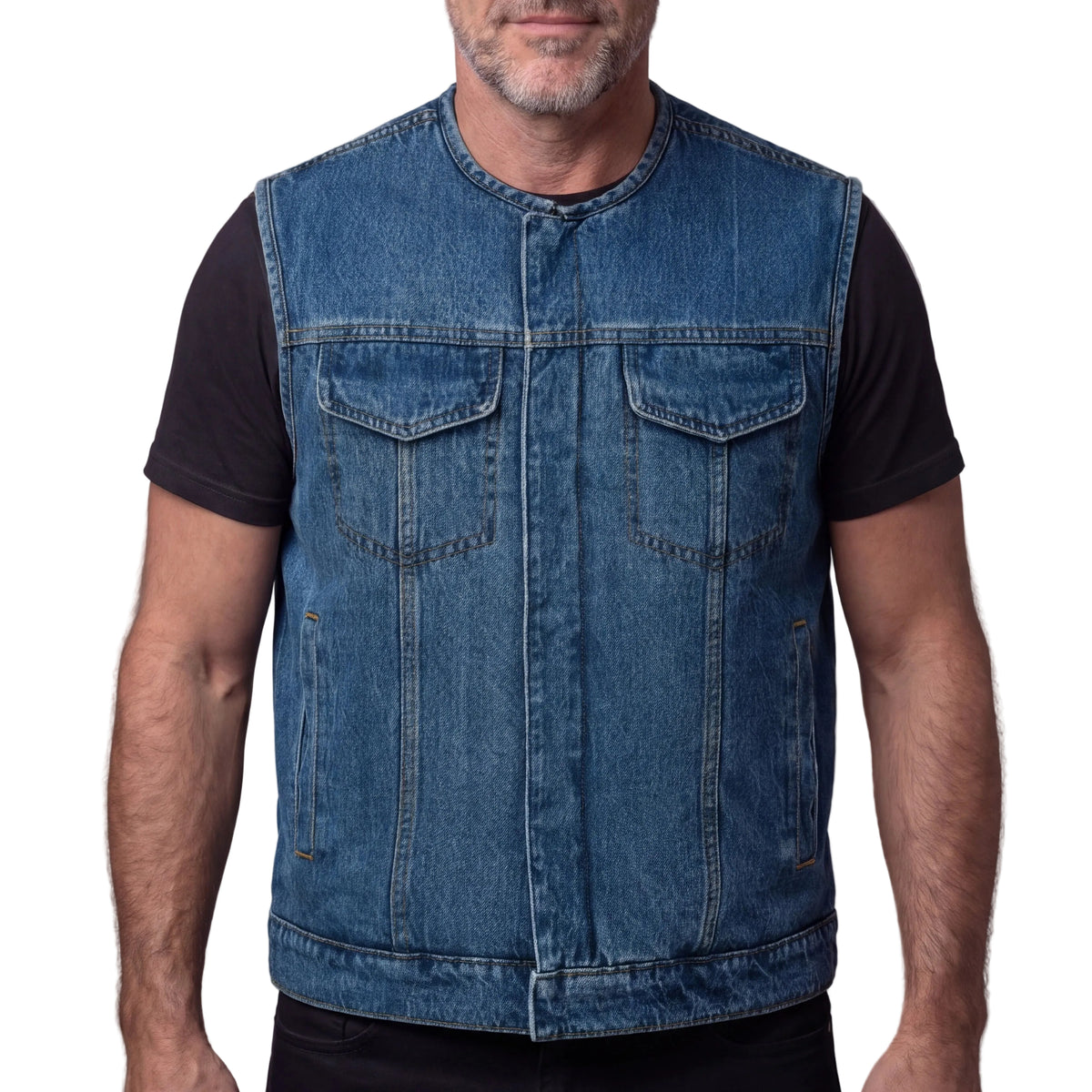 Men's Blue Denim Collarless Club Vest with Conceal Carry Pockets - front pose