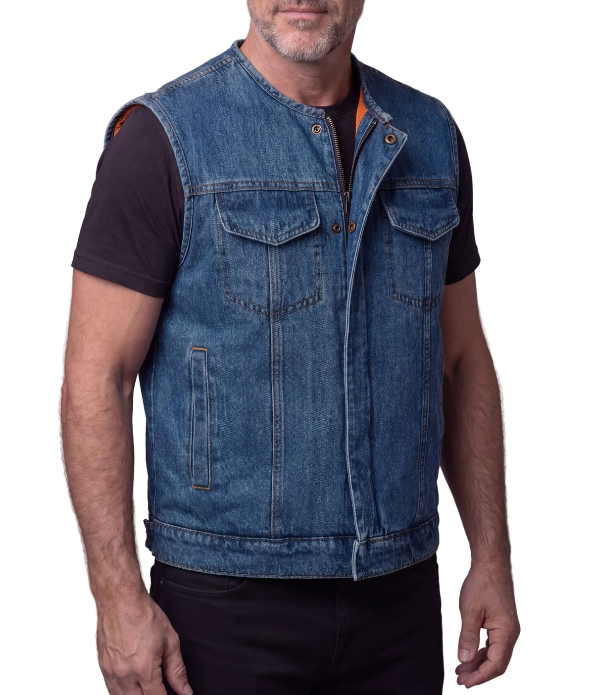 Men's Blue Denim Collarless Club Vest with Conceal Carry Pockets = Side pose