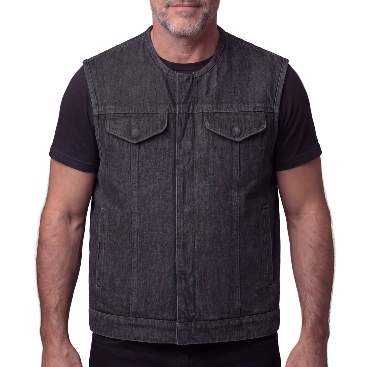 Men's Distressed Grey Denim Collarless Club Vest w Dual Front Closure & CCW Pockets - Front Pose