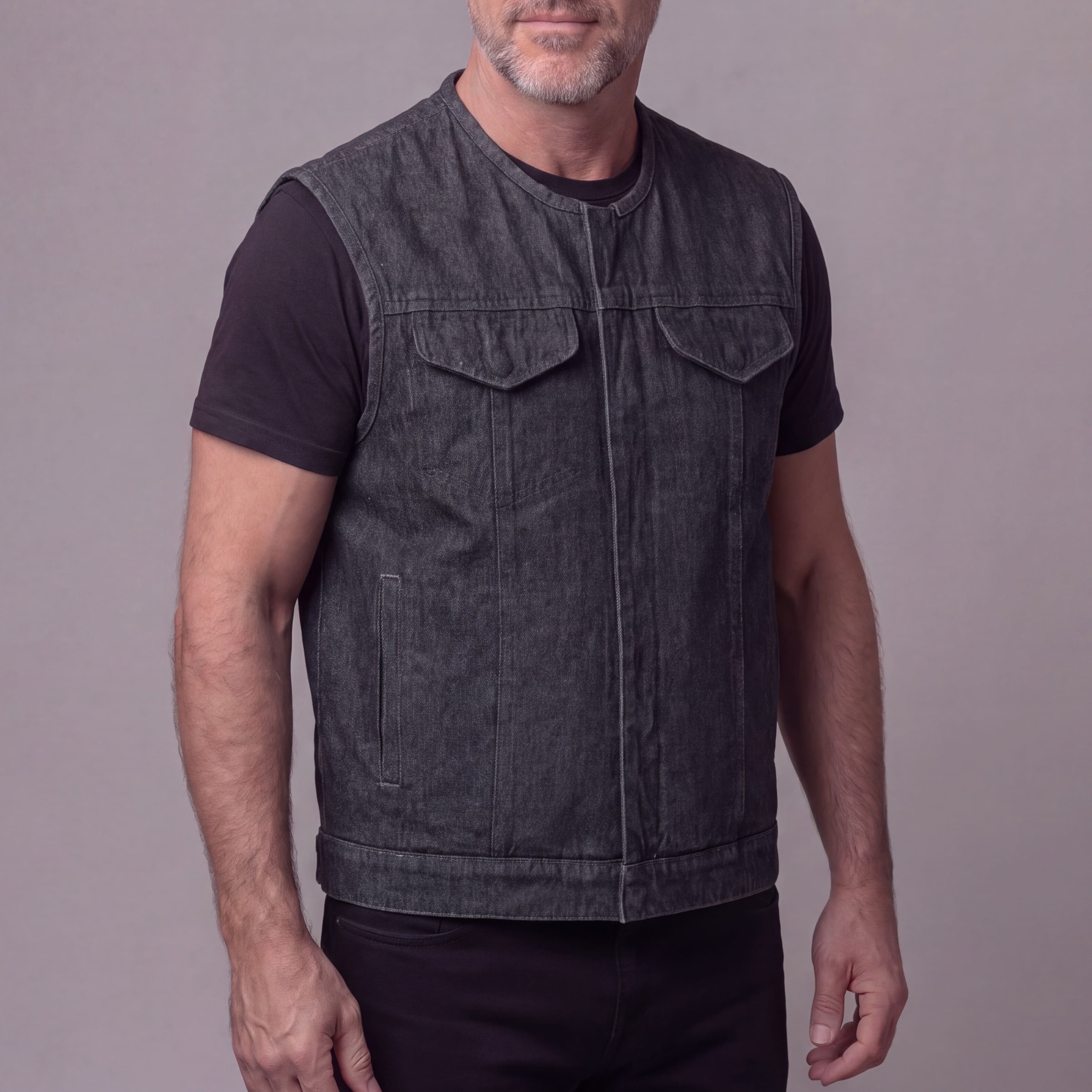 Men's Distressed Grey Denim Collarless Club Vest w Dual Front Closure & CCW Pockets - Side Pose