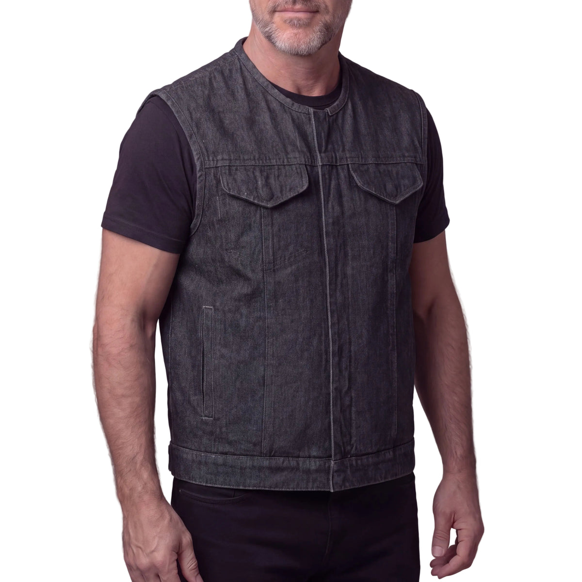 Men's Distressed Grey Denim Collarless Club Vest w Dual Front Closure & CCW Pockets - Side Pose