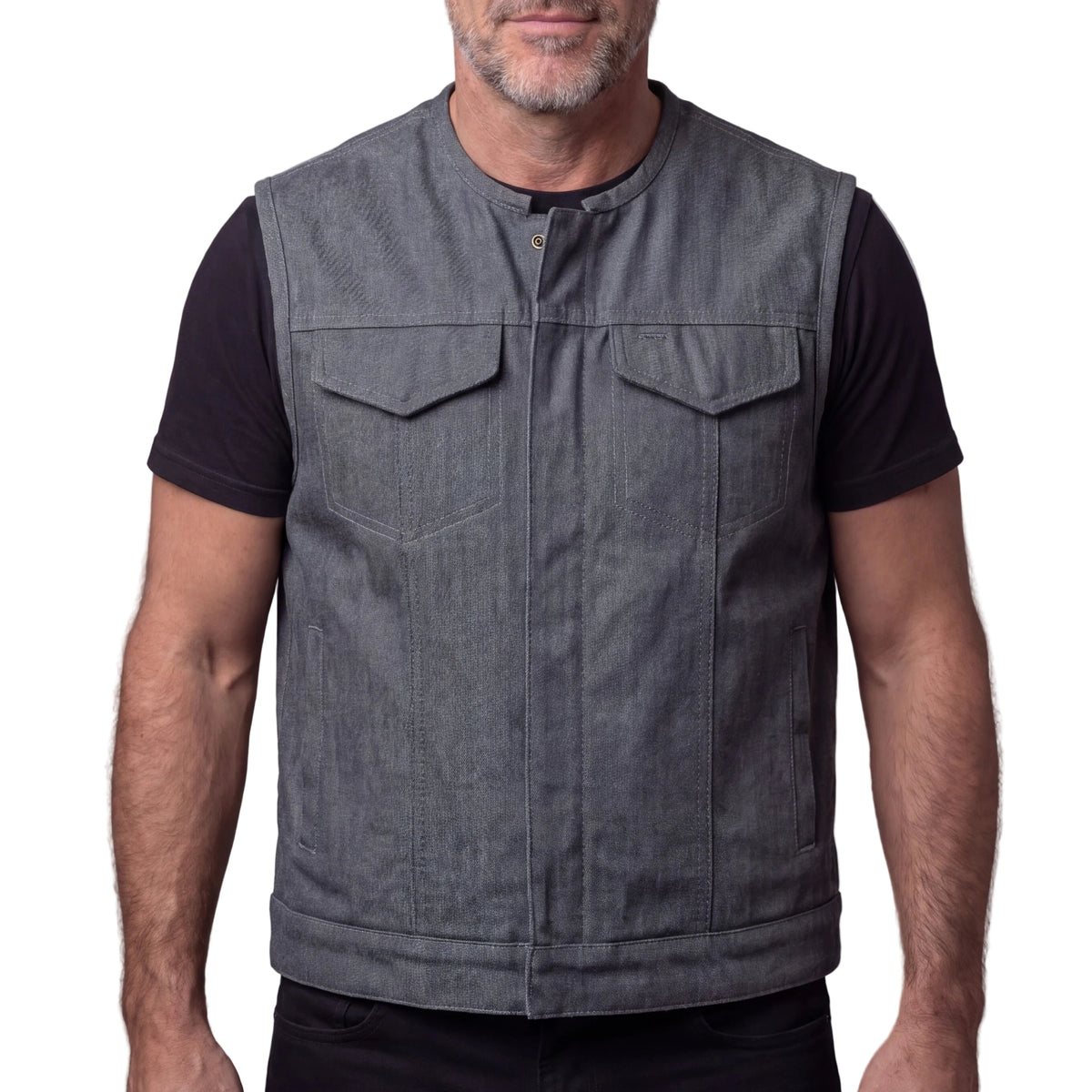 Men's Grey Denim Collarless Club Vest with Conceal Carry Pockets - front pose