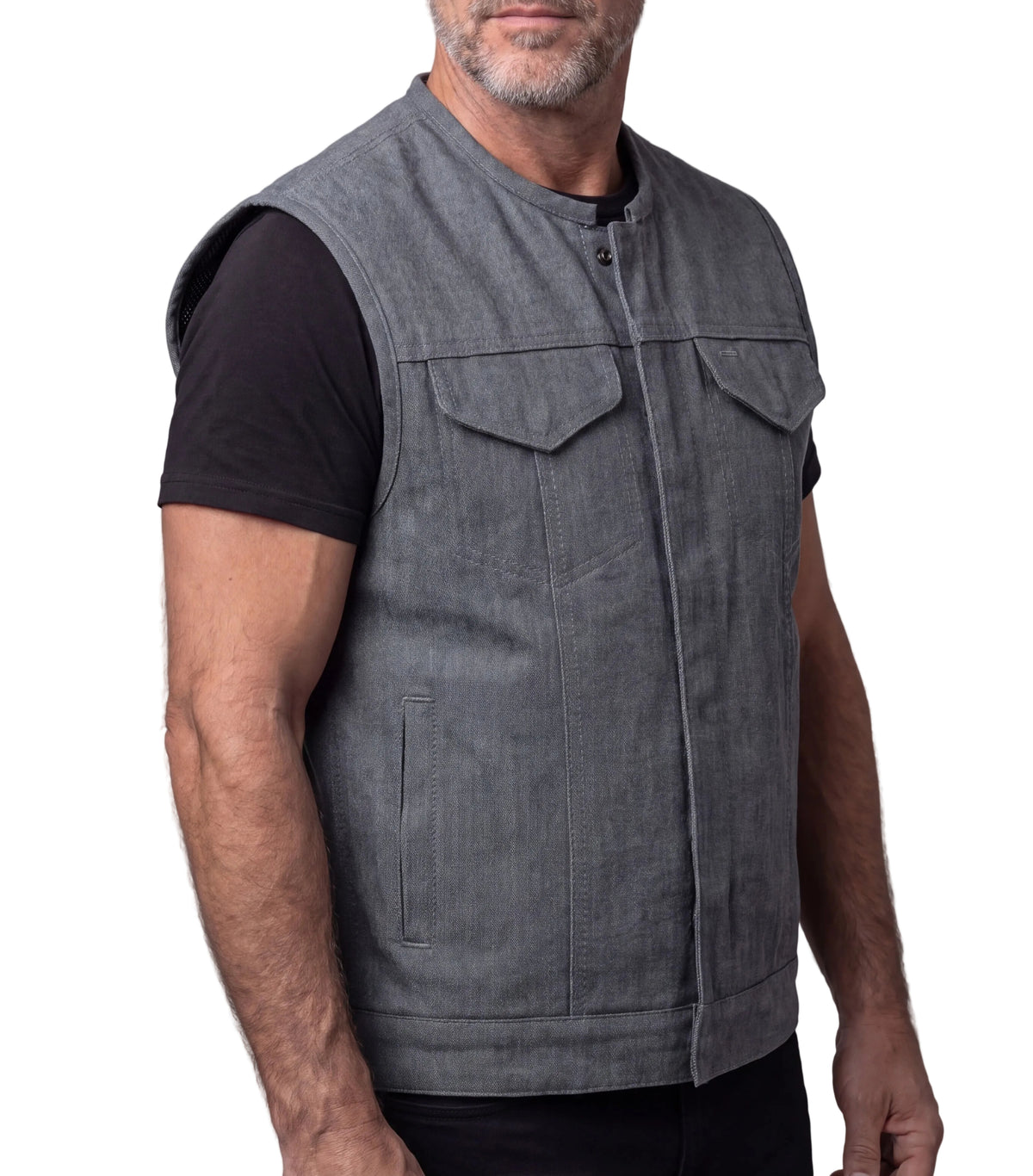 Men's Grey Denim Collarless Club Vest with Conceal Carry Pockets - side pose