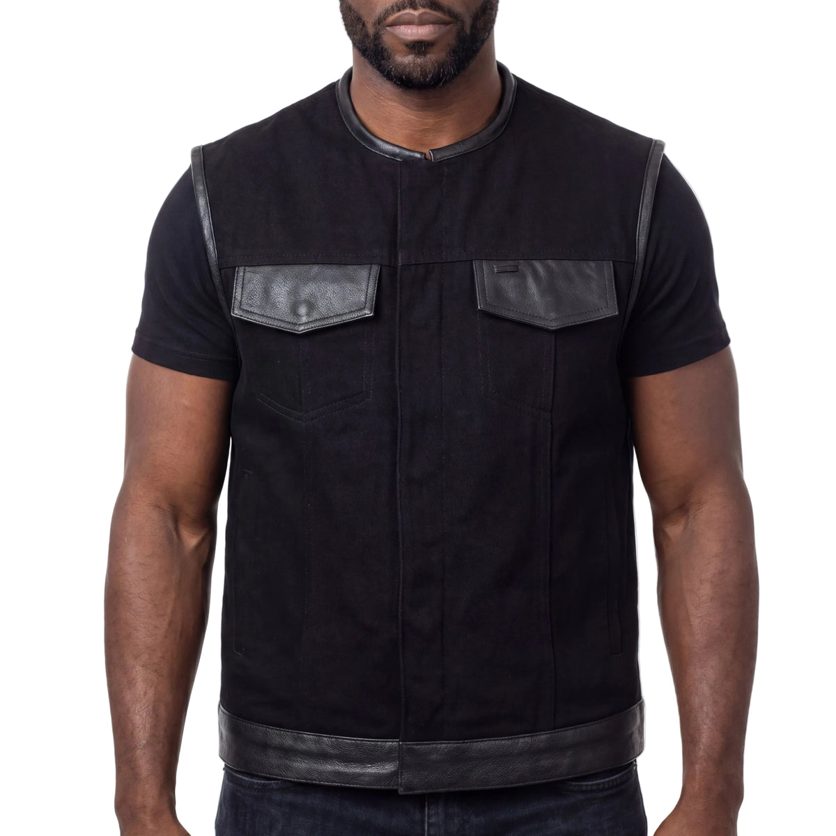 Vance Leathers Denim Black Collarless Club Vest with Leather trims - front pose