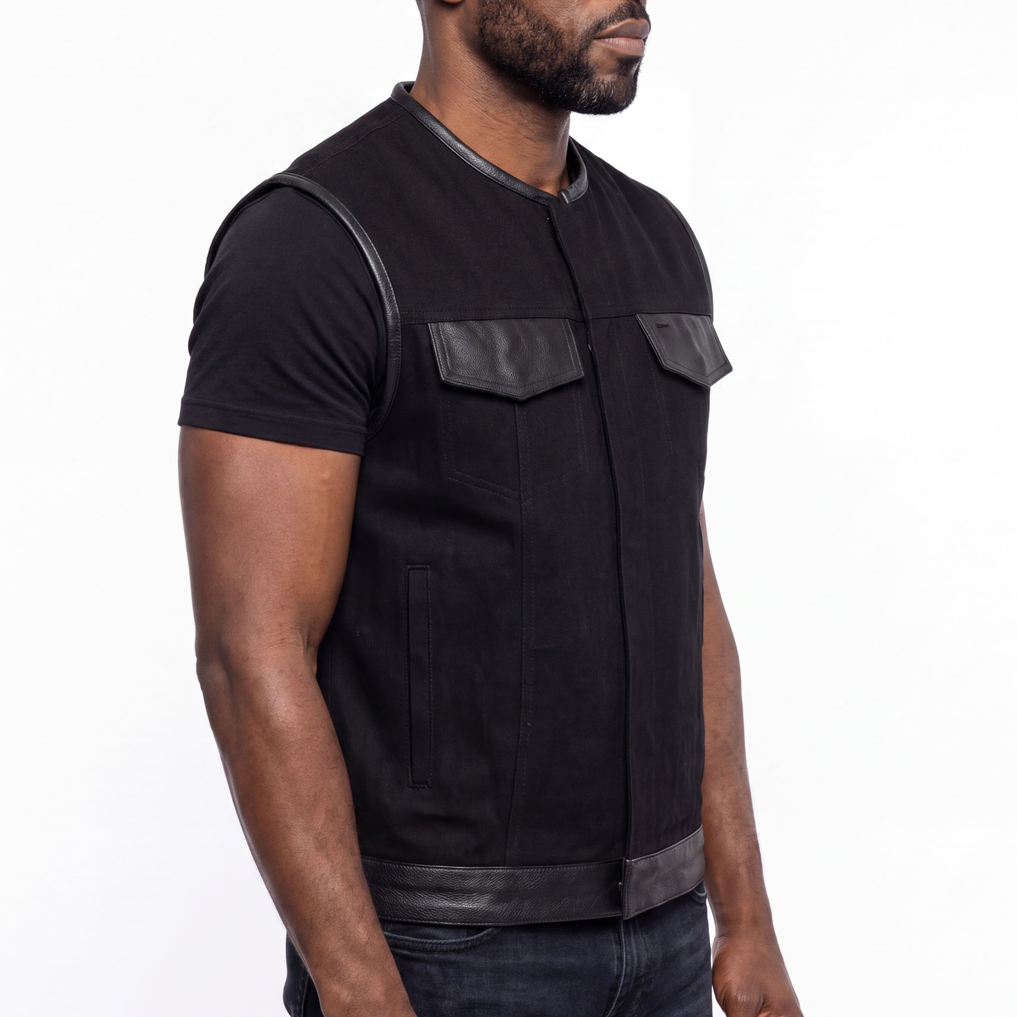 Vance Leathers Denim Black Collarless Club Vest with Leather trims - side pose
