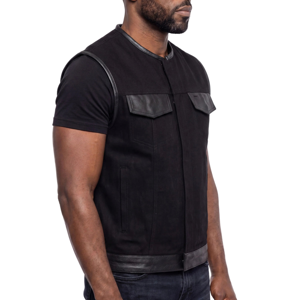 Vance Leathers Denim Black Collarless Club Vest with Leather trims - side pose