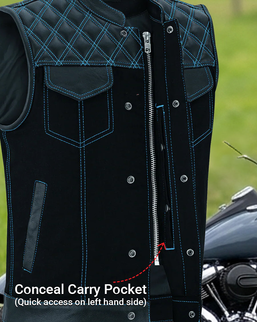 Men's Denim & Leather Motorcycle Vest with Conceal Carry Pockets and Blue Stitching